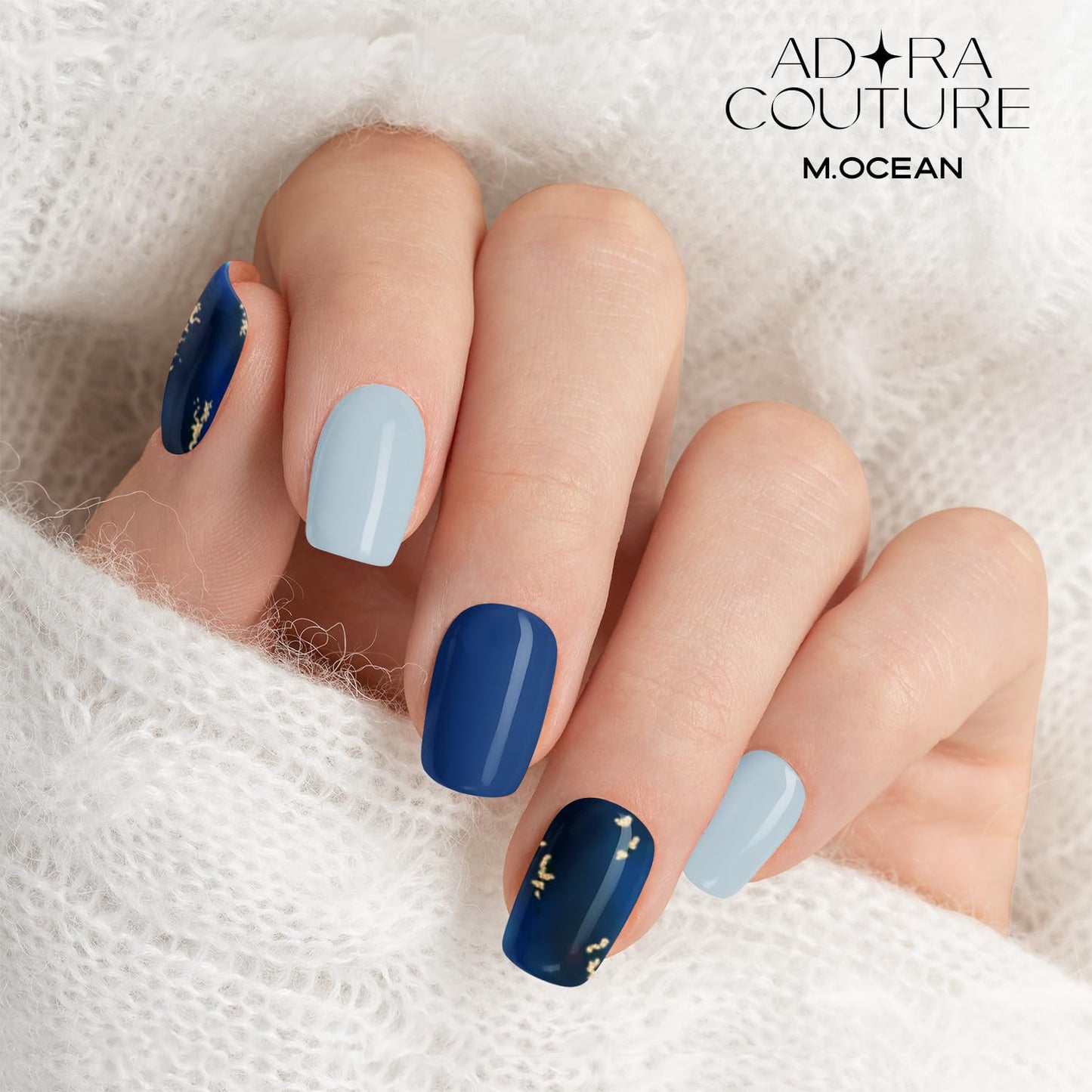 Adora Couture Semi Cured Gel Nail Strips Fall | 30pcs Blue Ocean with Gold Accent Stick-on Gel Nail Sticker | Holiday Nail Stickers with UV Light Required (M.Ocean)