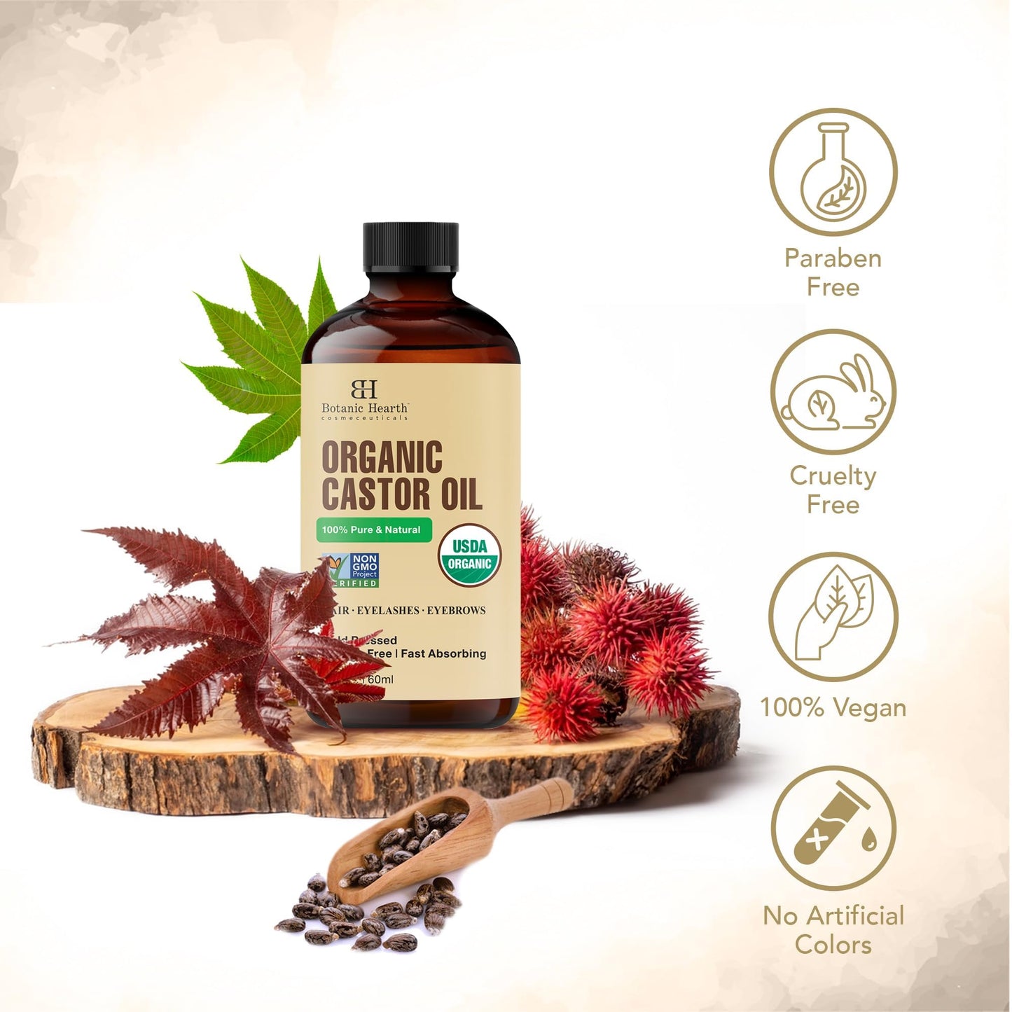 Botanic Hearth Castor Oil | USDA Certified Organic |100% Pure & Hexane Free | Cold Pressed | Growth for Eyelashes, Eyebrows, Hair | With Eyebrow & Eyelash Brush | (Glass Bottle 2fl oz)