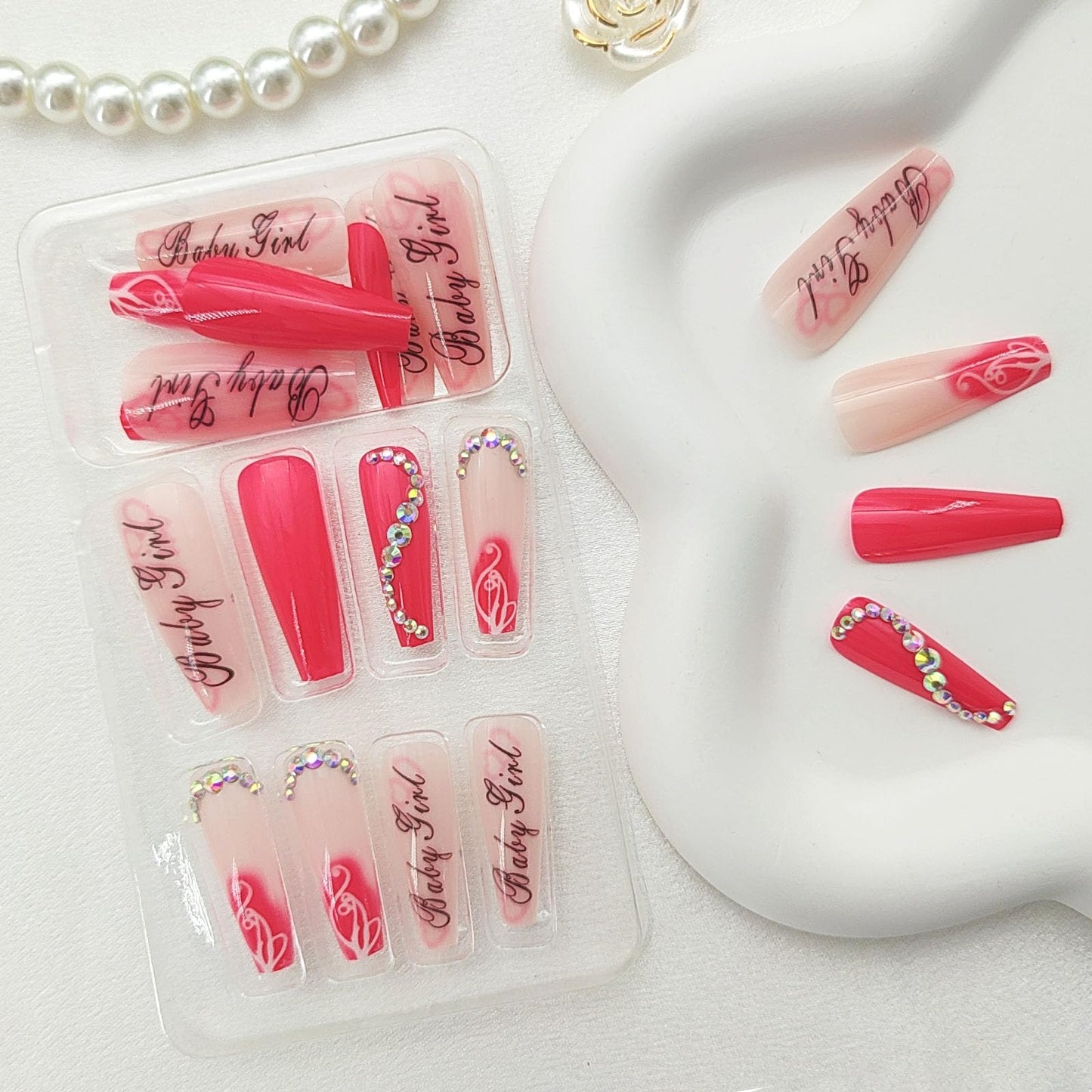 Press on Nails Long Coffin Fake Nails Valentines Acrylic Nails Black Letter Design False Nails Red and Nude Translucent Glue on Nails Rhinestones and Graffiti Stick on Nails for Women 24Pcs