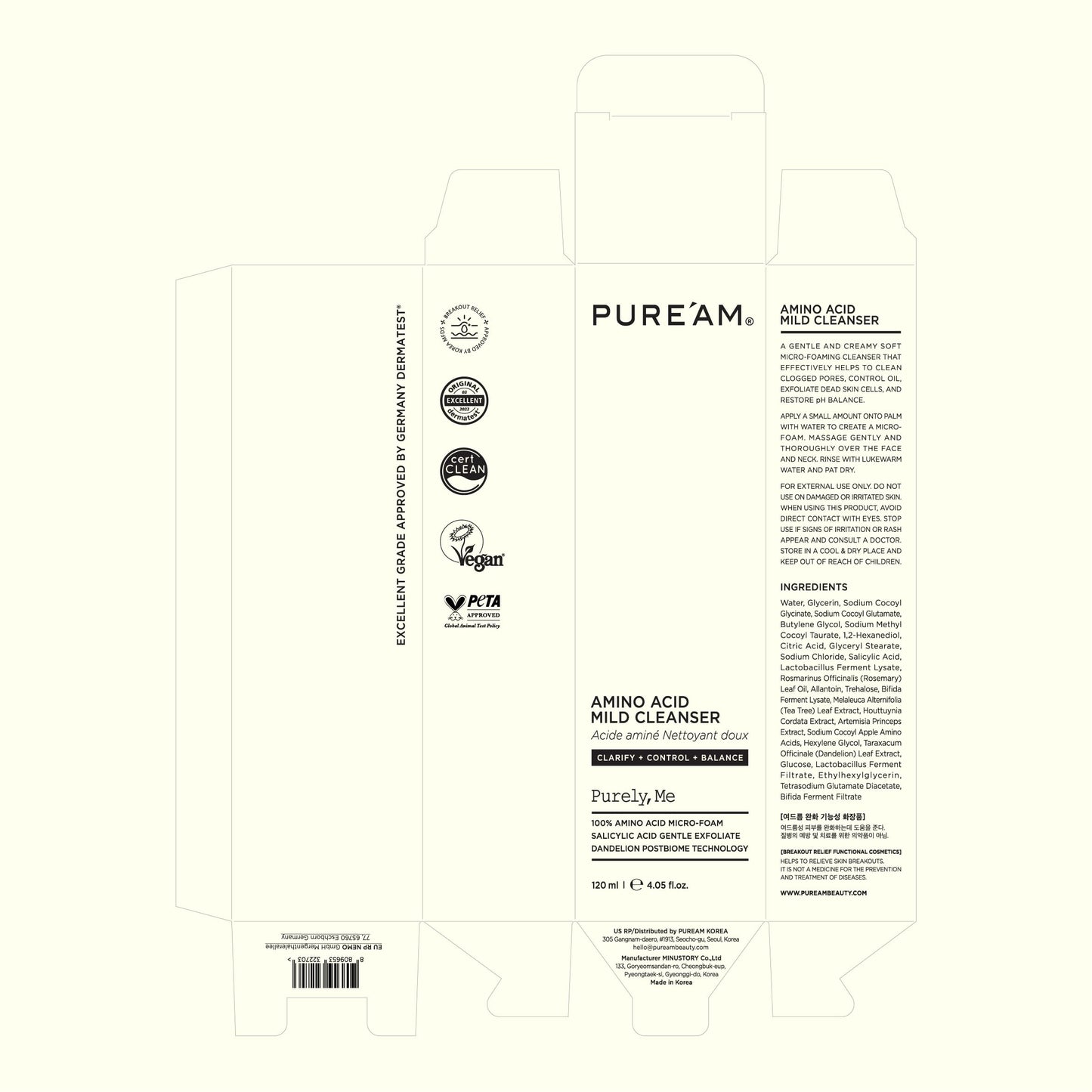 PURE'AM - Gentle Face Wash with Amino Acids, Salicylic Acid - 4.05 Fl.oz, 120ml - Korean Face Cleanser - Clarifying, Foaming, Deep Pore Cleaning, pH Balancing, Oil Control - Authentic Korean Skin Care