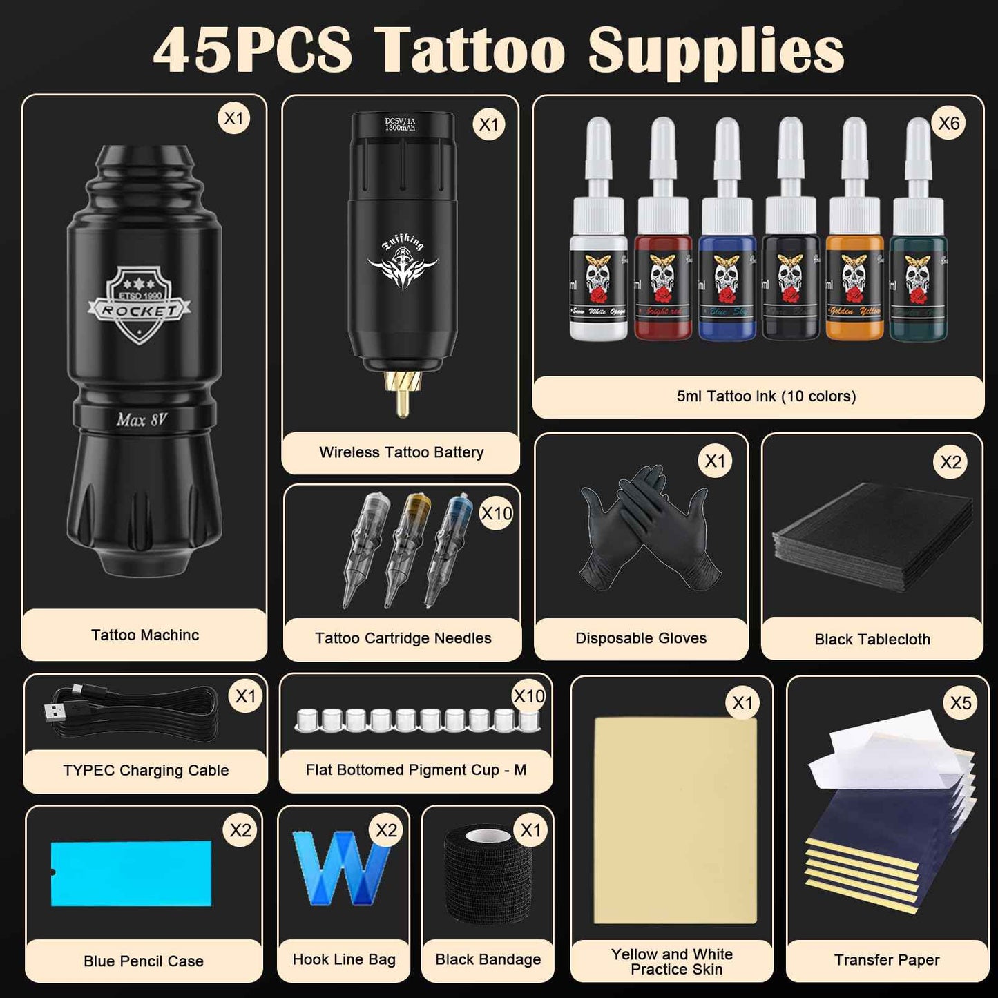 Tattoo Gun Kit for Beginners Complete Set, Rotary Wireless Tattoo Pen Kit, Complete Tattoo Supplies Set for Beginners, with 1300 mAH Power Supply, 10Pcs Catridges Needles (Battery-I-45Pcs)
