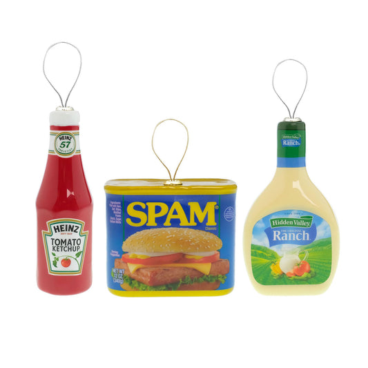 Ruz Fun Food Heinz Ketchup, Spam and Hidden Valley Ranch Christmas Ornaments Set, Indoor/Outdoor Tree Decorations and Holiday Home Decor, 3-Pack