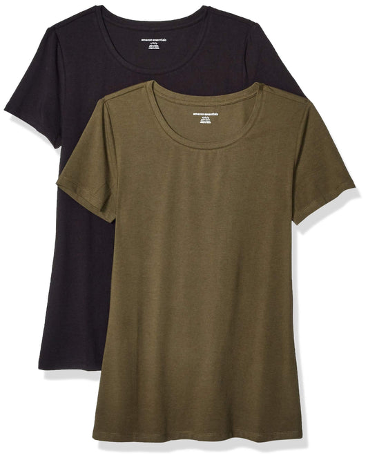 Amazon Essentials Women's Classic-Fit Short-Sleeve Crewneck T-Shirt, Pack of 2, Black/Olive, X-Small