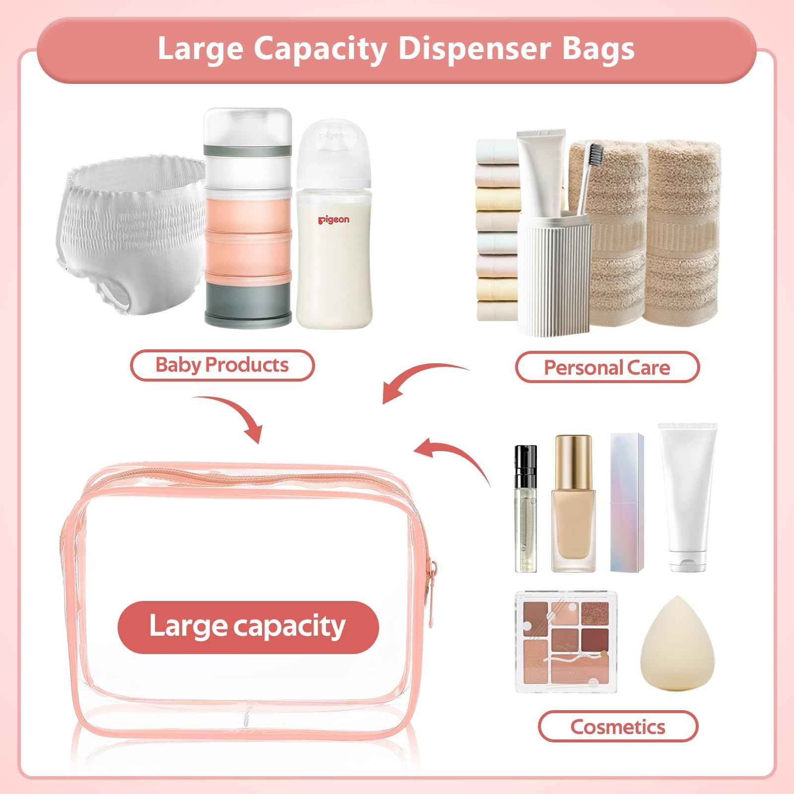 EVDIAGD Clear Cosmetic Bag, 4 Pcs Waterproof Clear Plastic Cosmetic Makeup Bags,Transparent Packing Organizer Storage Bags,Christmas Gift for Mother,Wife,Grilfriends(Pink).