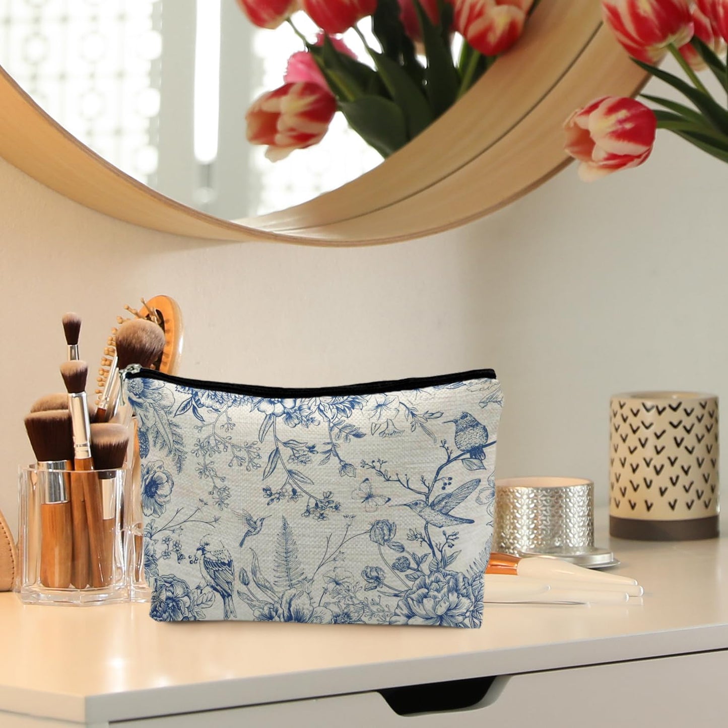 RYYCDOI Chinoiserie Floral Makeup Bag, Blue and White Chinoiserie Decor Cosmetic Bag Toiletry Bag for Women, Floral Bird Makeup Bag, Blue and White Chinoiserie Makeup Pouch