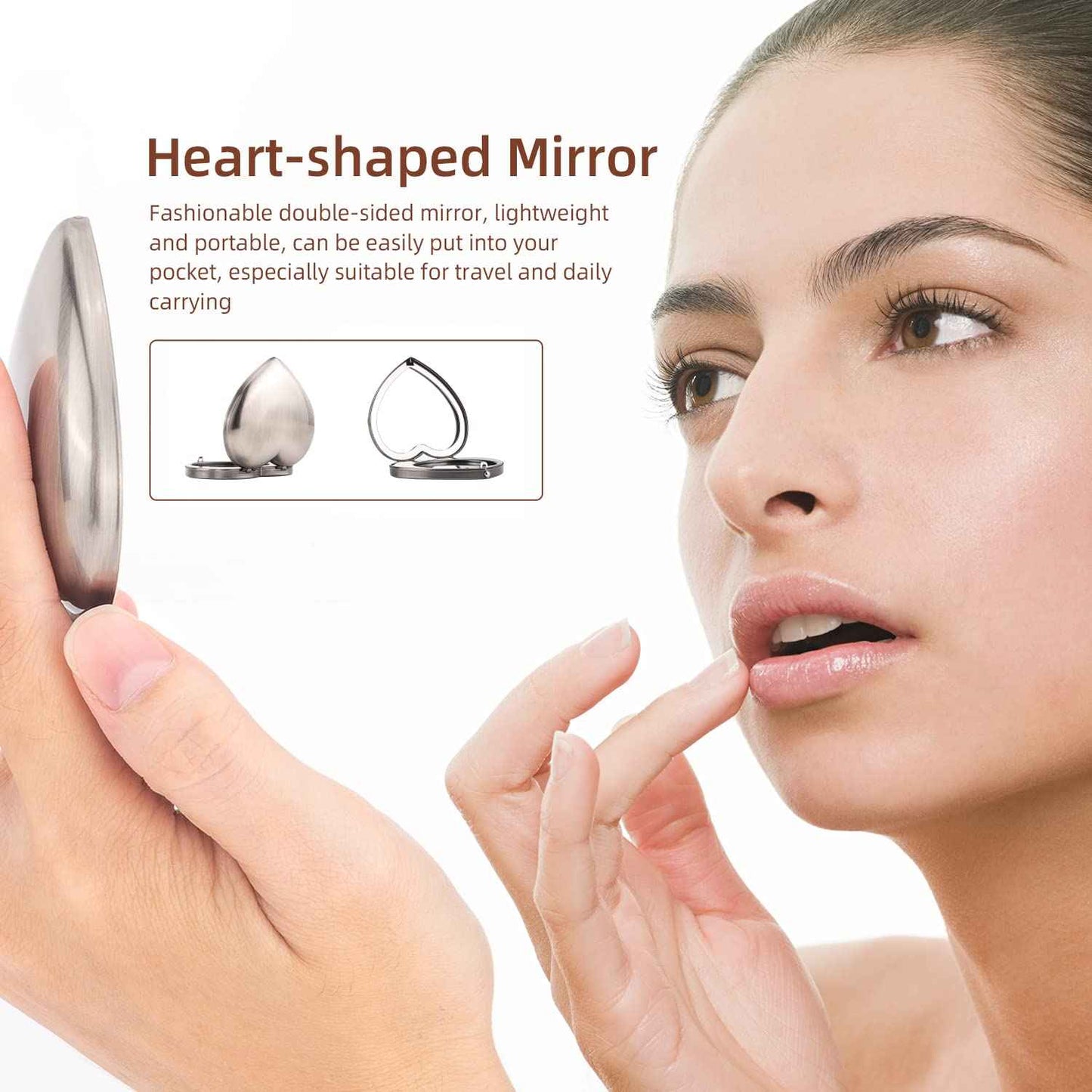 EYIDADAE Mini Vintage Heart Elegant Metall Makeup Mirror, Portable 1X/2X Magnifier (Silver)