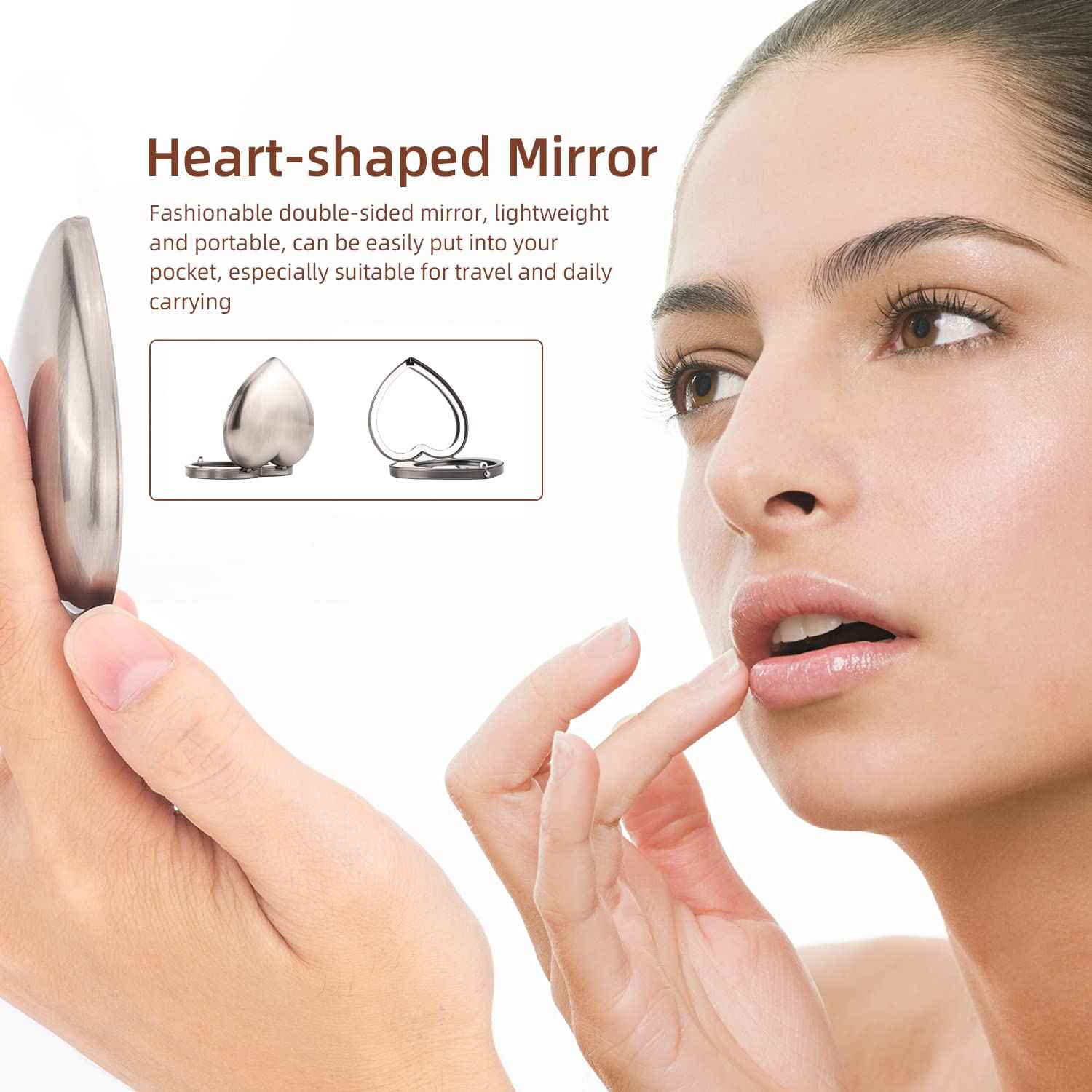 EYIDADAE Mini Vintage Heart Elegant Metall Makeup Mirror, Portable 1X/2X Magnifier (Silver)
