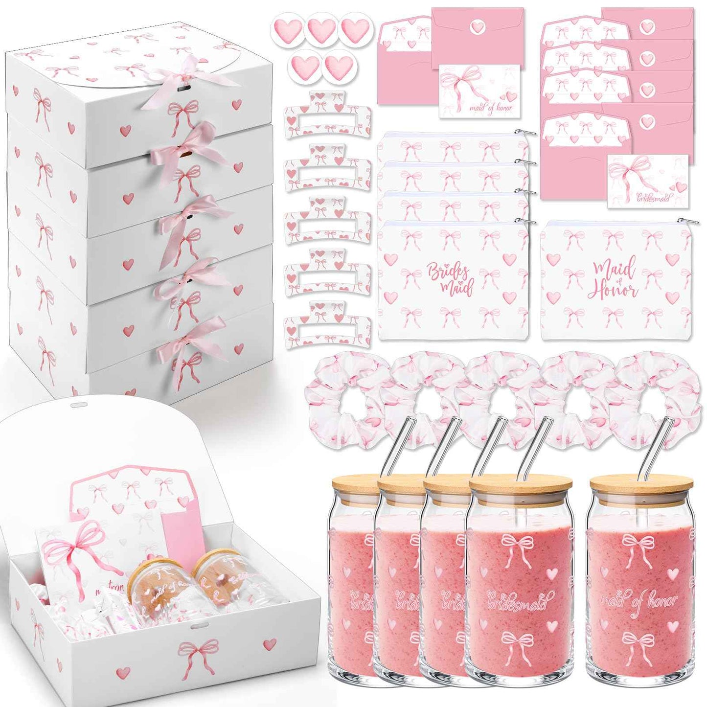 Meanplan 40 Pcs Bridesmaid Proposal Gift Box Set Bridal Shower Favor Wedding Bride Bachelorette Party Return Gift, Glass Cup Cosmetic Bag Scrunchies Hairpin Invited Card Envelope (Maid of Honor)