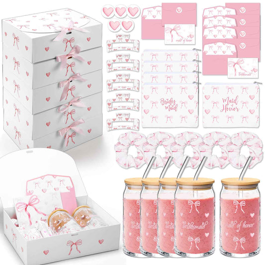 Meanplan 40 Pcs Bridesmaid Proposal Gift Box Set Bridal Shower Favor Wedding Bride Bachelorette Party Return Gift, Glass Cup Cosmetic Bag Scrunchies Hairpin Invited Card Envelope (Maid of Honor)