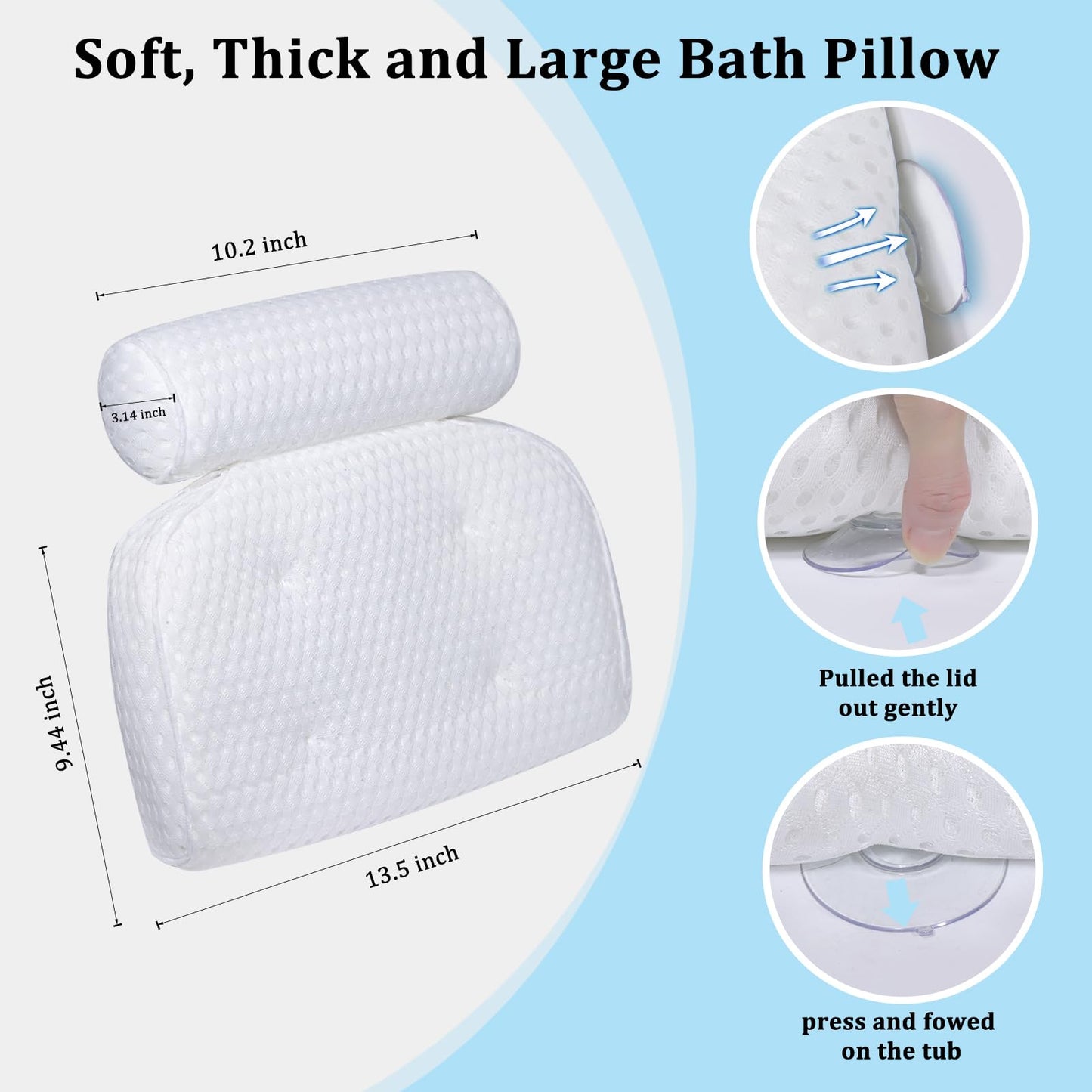 Herolland Bath Pillow for Tub,Bathtub Pillow,Bath Pillows for tub Neck and Back Support,Strong Suction Waterproof Headrest, Cushion Rest for Curved or Straight Tubs, Spa Accessories, White