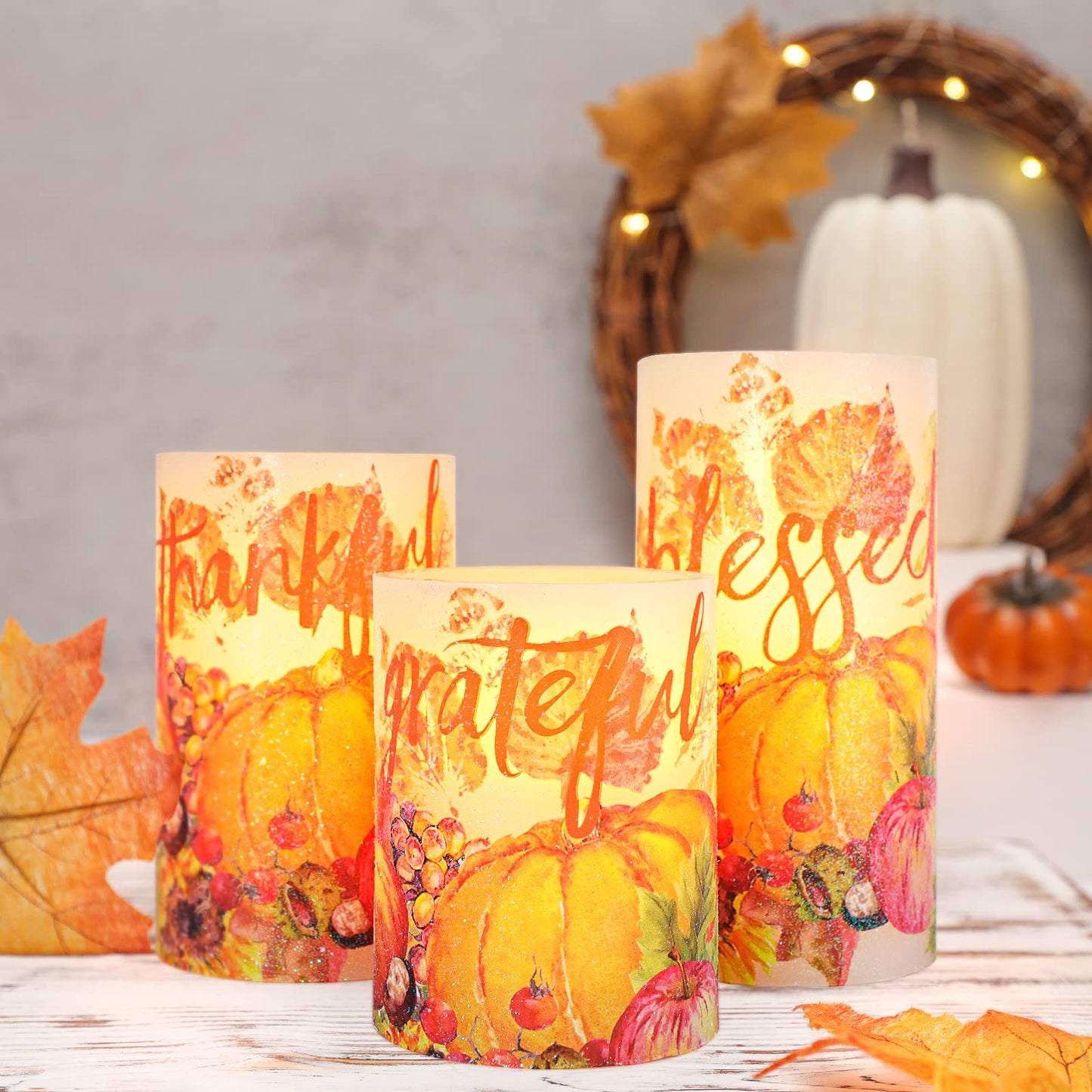 REVELBUNNY Thanksgiving Flameless Candles Maple Leaf Pumpkin LED Candles with Remote Timer Battery Operated Pillar Candle for Thanksgiving Autumn Harvest Halloween Party Decorations - Set of 3