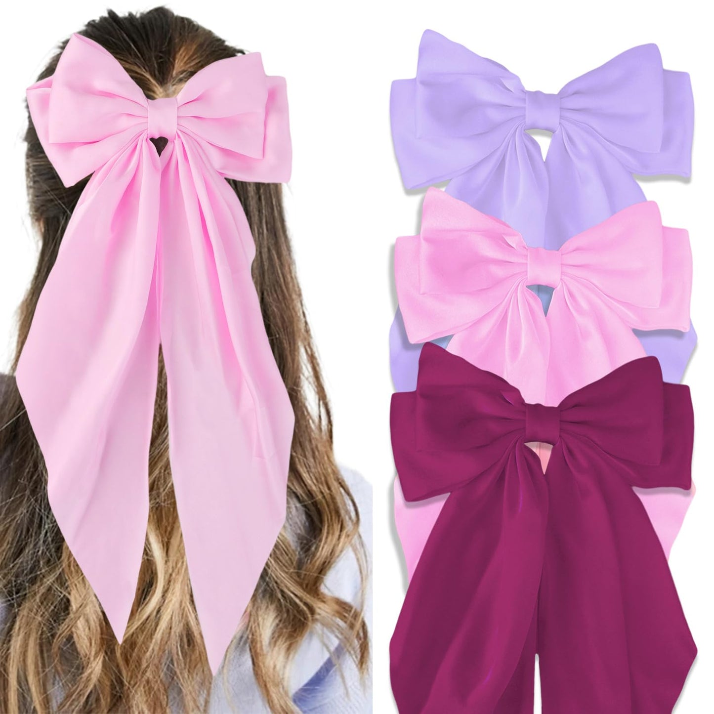 Canitor Hair Bows for Women Silky Satin Hair Ribbon Hair Barrettes Clip Oversized Long Tail Hair Bows Cute Aesthetic Coquette Hair Accessories Preppy Teen Girl Gifts Trendy Stuff Things