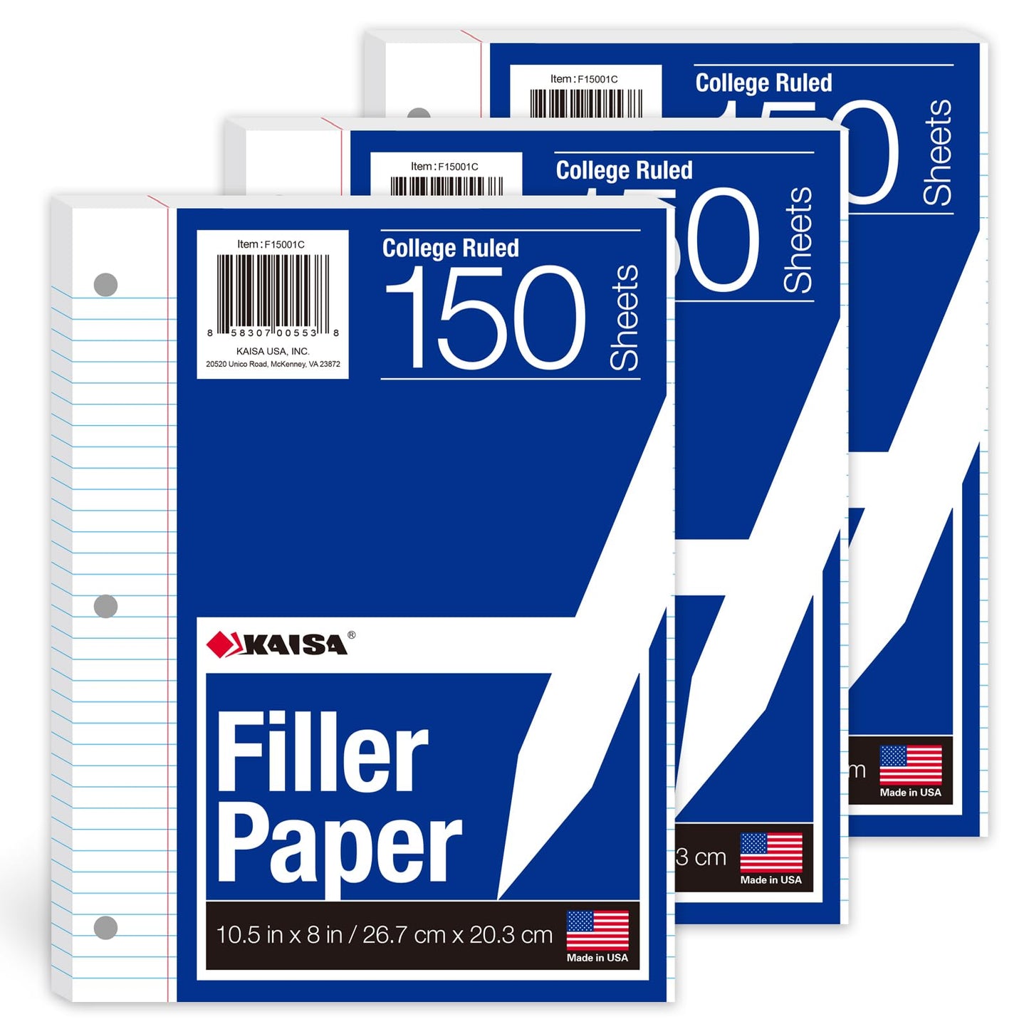 Kaisa3 Pack Notebook Paper College Ruled 3-Hole Punched Loose Leaf Paper 8x10.5 Lined Paper College Ruled Filler Paper for 3-Ring Binder Paper 150 Sheets/Pack (3 Pack-college) F15001C-3pk