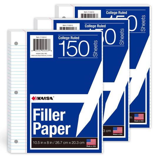 Kaisa3 Pack Notebook Paper College Ruled 3-Hole Punched Loose Leaf Paper 8x10.5 Lined Paper College Ruled Filler Paper for 3-Ring Binder Paper 150 Sheets/Pack (3 Pack-college) F15001C-3pk