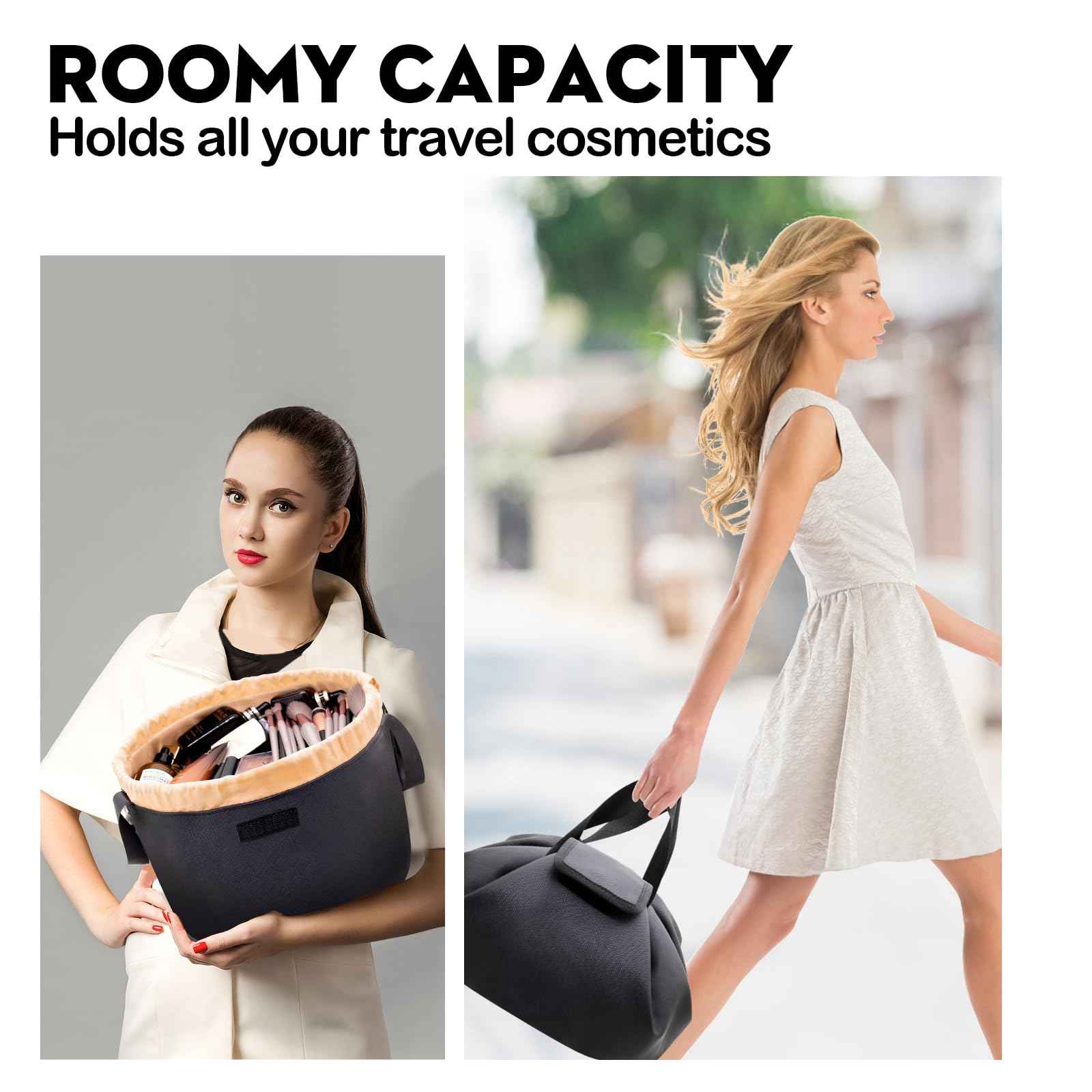 FANGENKE Large Drawstring Makeup Organizer,Lay Barrel Makeup Bag Leather Cosmetic Bag Toiletry Bag for Travel,Portable Waterproof Make Up Bags for Women Brush Toiletries Accessories (Black Large)