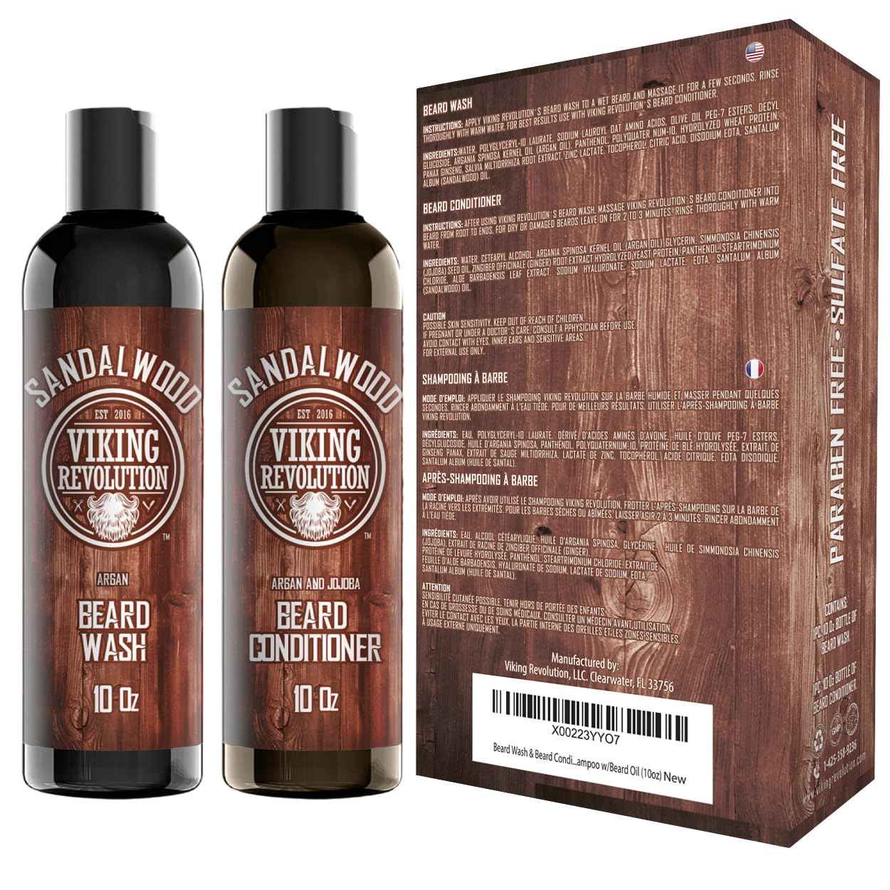 Beard Wash & Beard Conditioner Set w/Argan & Jojoba Oils - Softens & Strengthens - Natural Sandalwood Scent - Beard Shampoo w/Beard Oil (10oz)
