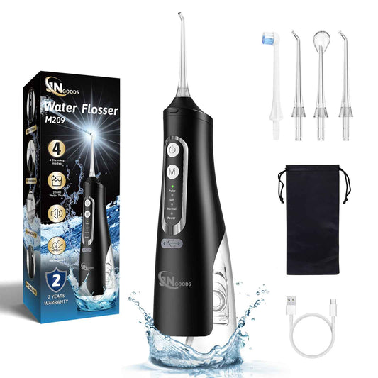 Cordless Water Dental Flosser Oral irrigator,JNGOODS 310ml Rechargeable Water flosser for Teeth IPX7 Waterproof 4 Modes Portable Irrigate with 4 Jet Tips,Travel Home use (Black)