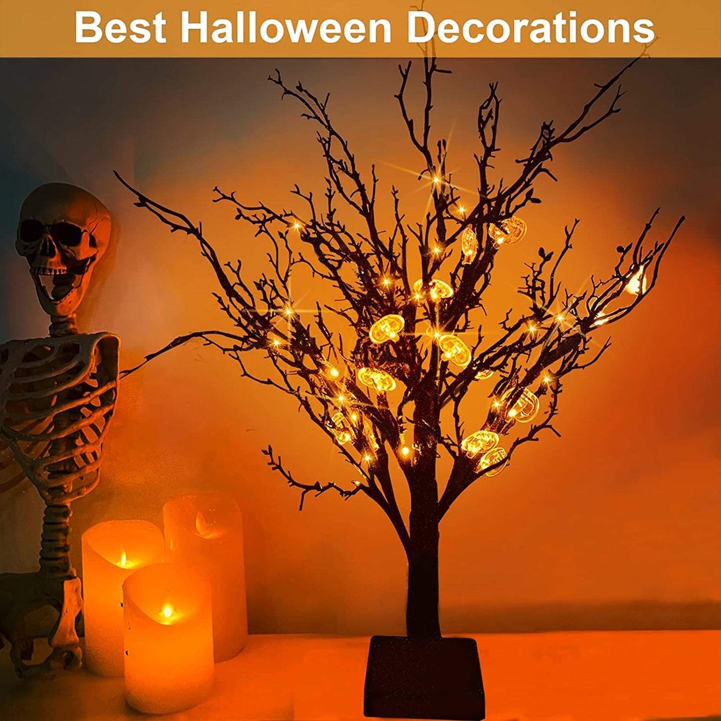 TURNMEON Timer 24 Inch Prelit Black Halloween Tree Decorations with 24 Orange LED 25 Pumpkin Battery Powered Halloween Black Spooky Tabletop Tree Decor Indoor Home Party