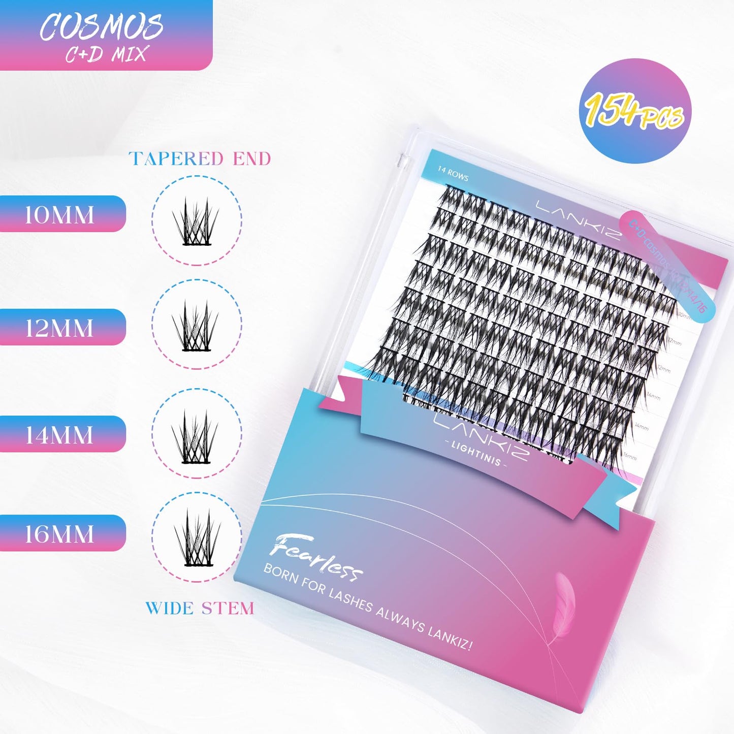 LANKIZ C+D Lash Clusters, 154pcs Individual Lashes for DIY Lash Extensions, Wispy Cluster Lashes, 10-16mm Mix Length Cluster Eyelash Extensions, Soft & Natural Lashes