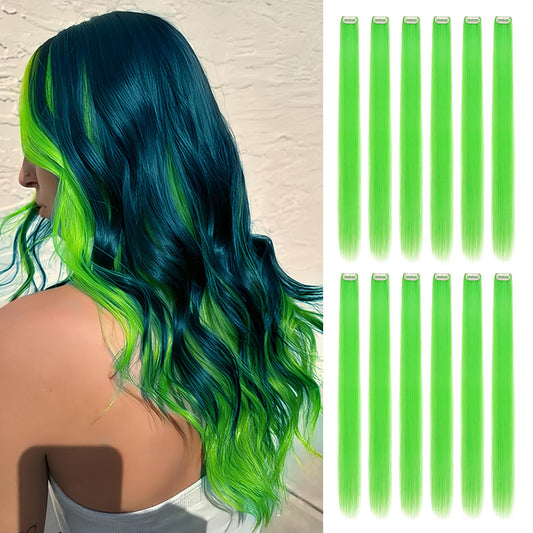 Wodelanle 12 PCS Colored Green Hair Extensions Clip in Hair Extensions Colorful 24 Inch Straight Synthetic Hairpiece Colored Hair Extensions for Kids Girls Women Party Highlights