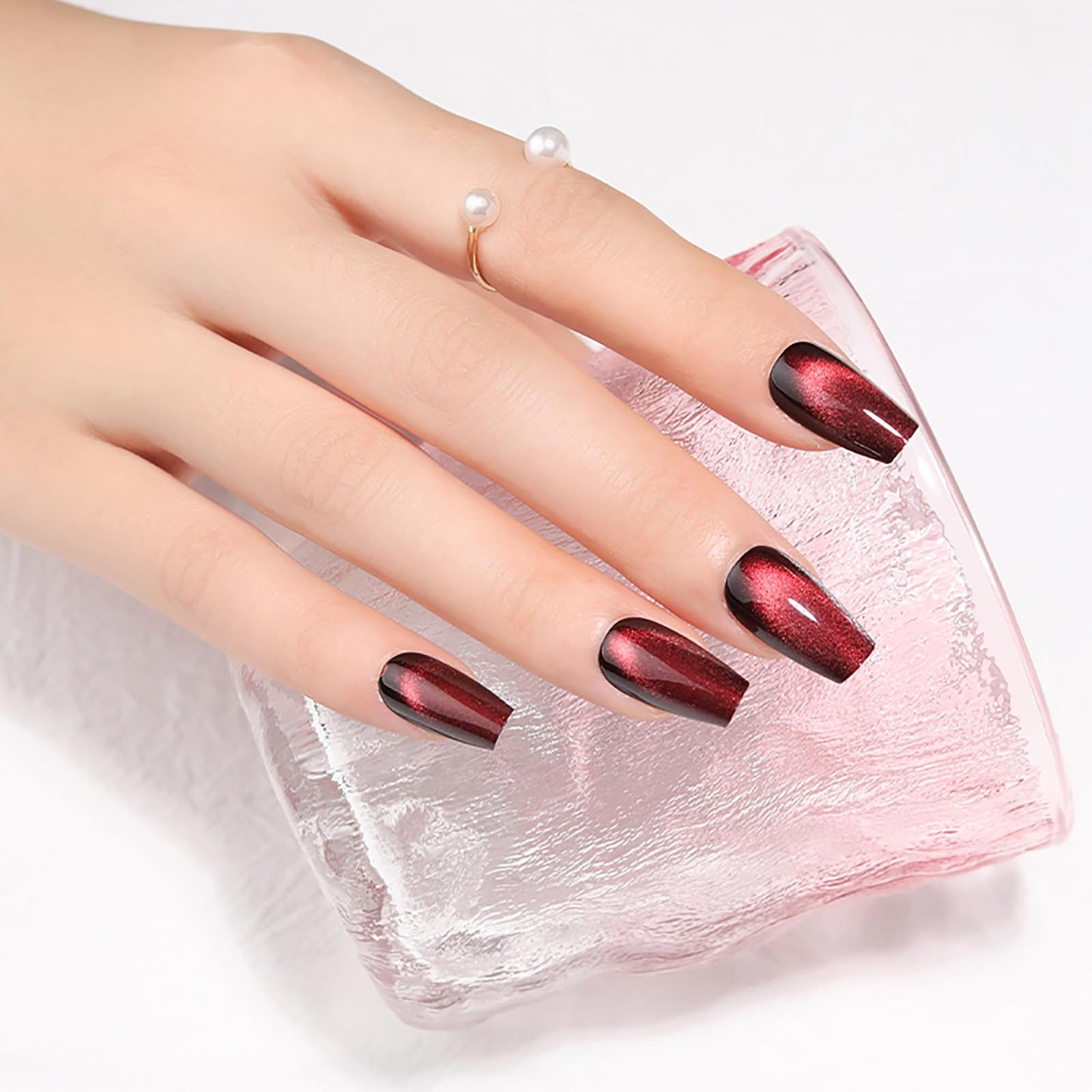 Dark Red Cat Eye Press on Nails Medium Coffin Fake Nails with Velvet & Glitter Designs KKUUOO Handmade False Nails Shiny Acrylic Nails Full Cover Glossy Stick on Nails for Women Girls 24Pcs