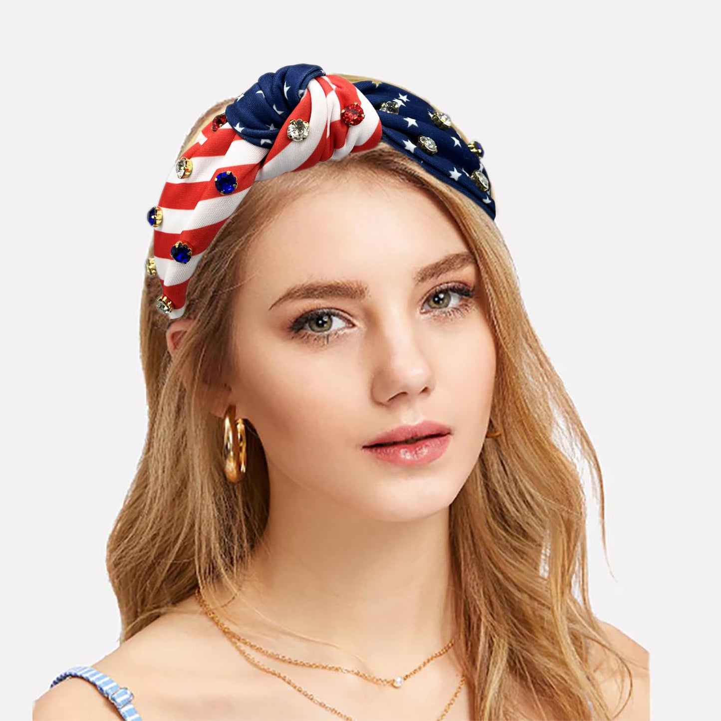 SZJULR 4th of July Headband Pearl Crystal Knotted Women Star Rhinestone Hairband American Flag Wide Blue White Red Patriotic Fashion Holiday Top Knot Independence day Headbands