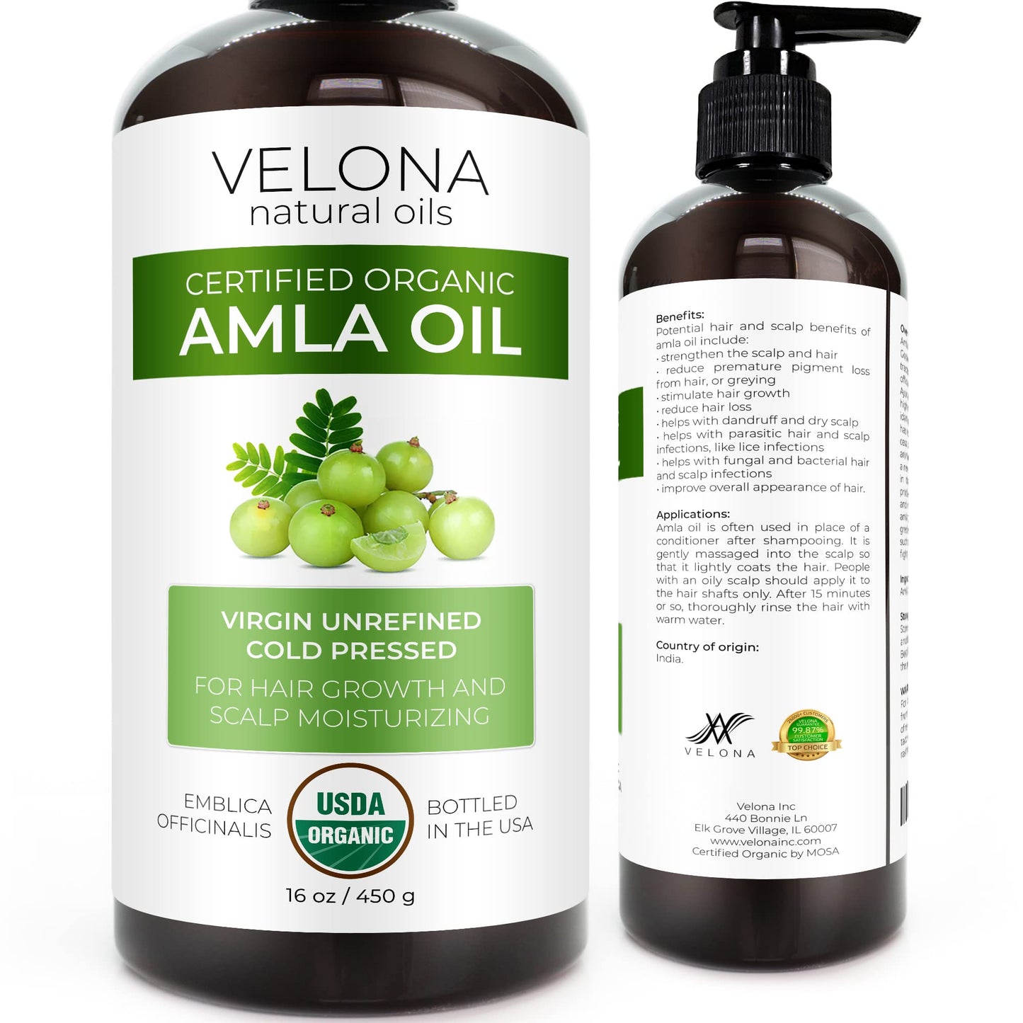 velona Amla Oil USDA Certified Organic - 16 oz | 100% Pure and Natural Carrier Oil | Extra Virgin, Unrefined, Cold Pressed