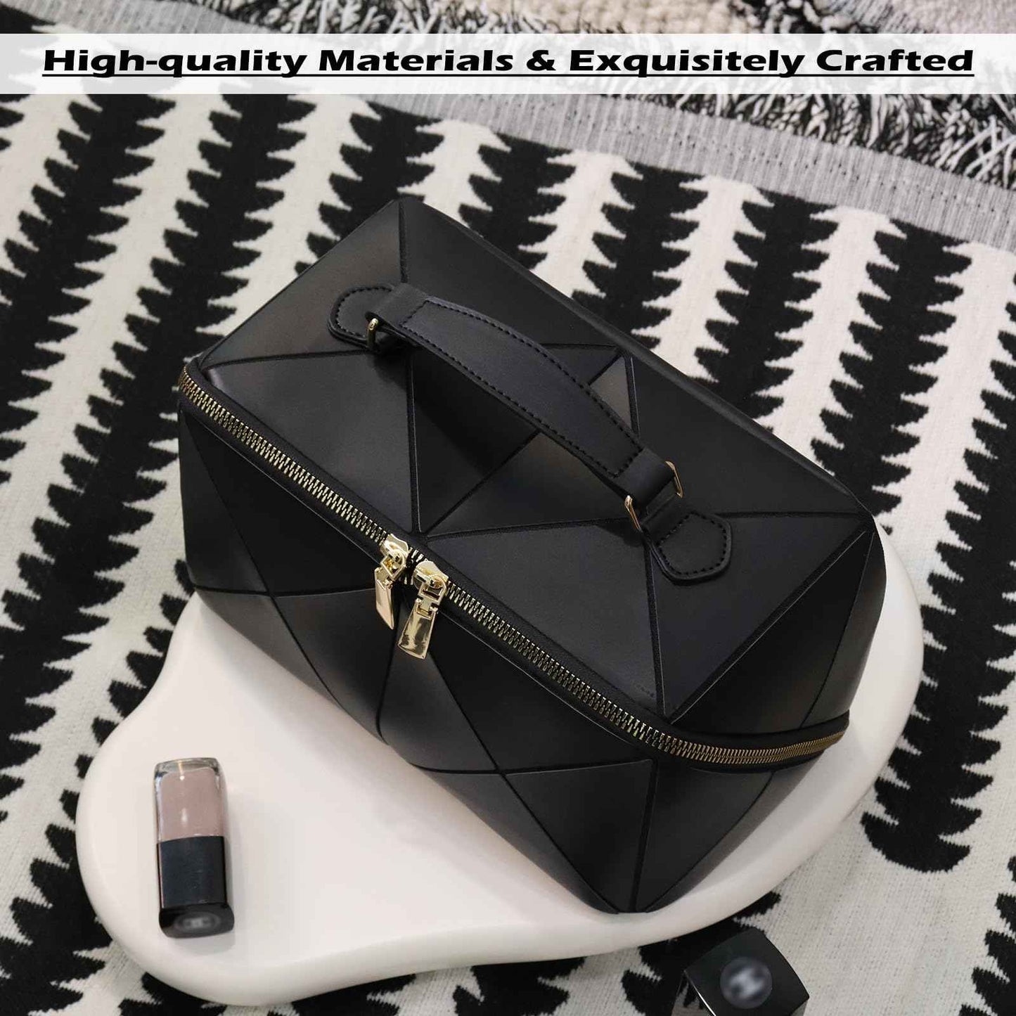 IMCUZUR Travel Makeup Bag Large Cosmetic Bag for Women, Open Flat Make up Bag Portable Skincare Bag with Handle (Black)