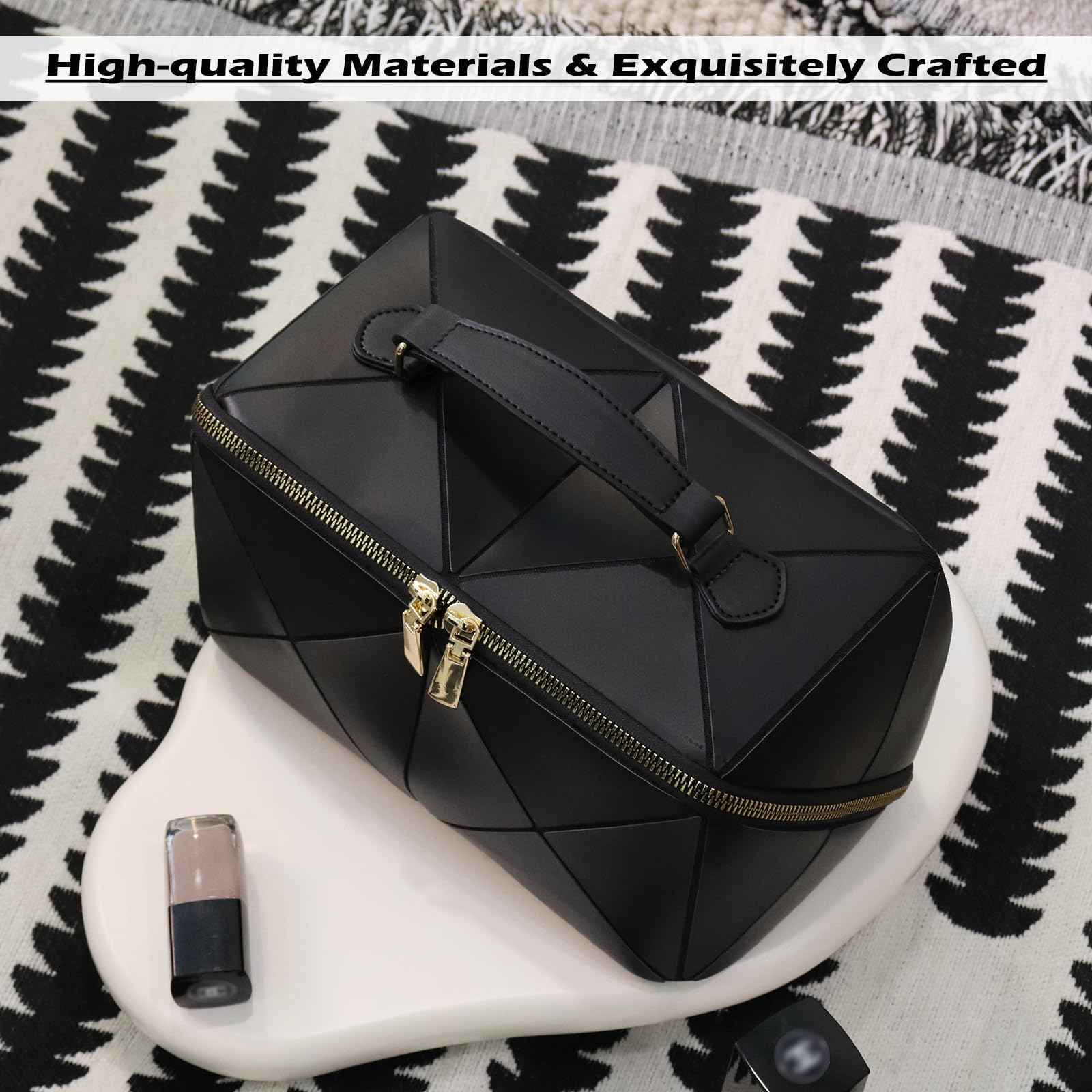 IMCUZUR Travel Makeup Bag Large Cosmetic Bag for Women, Open Flat Make up Bag Portable Skincare Bag with Handle (Black)
