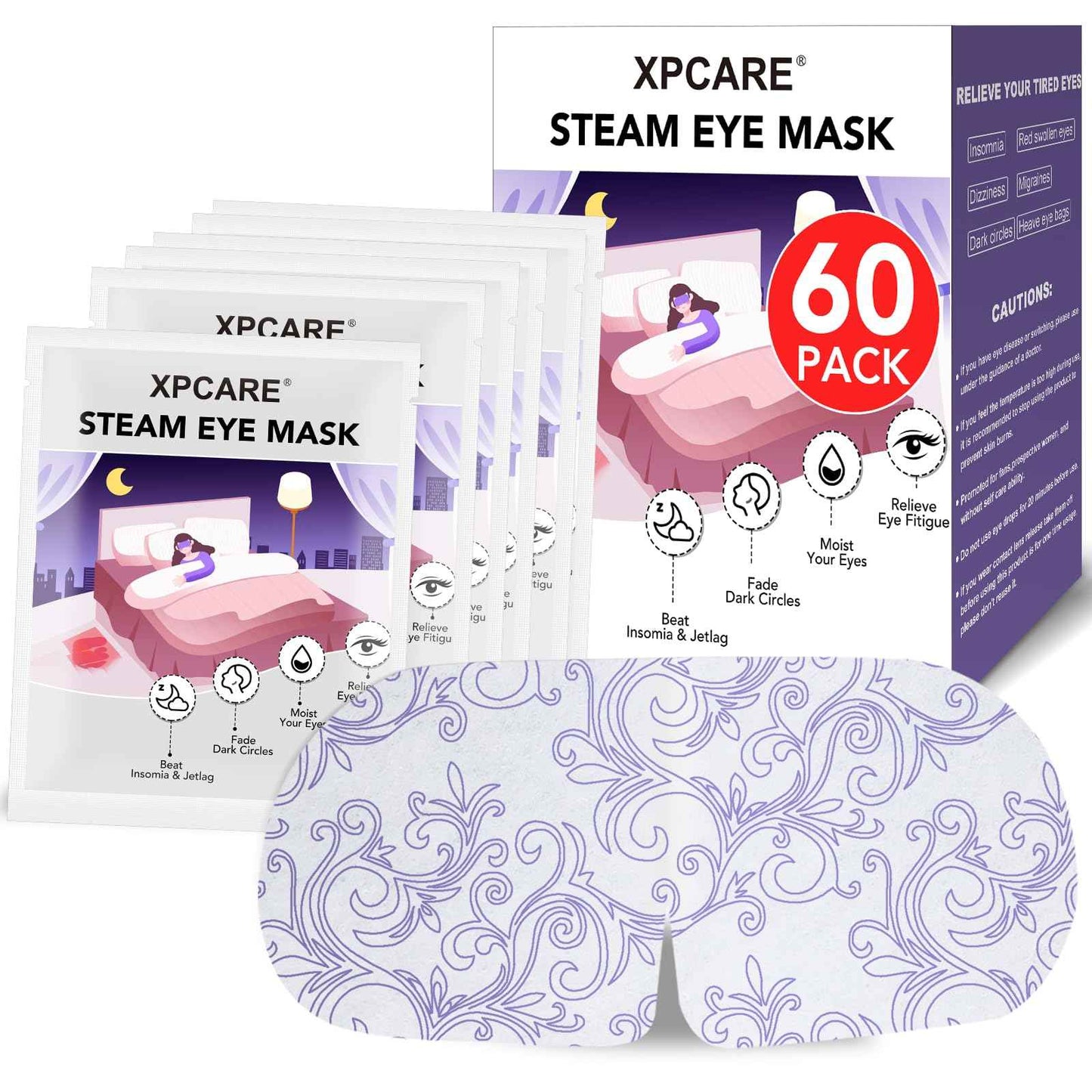 XPCARE 60 Pack Steam Eye Masks for Dry Eyes, Self Heated Steam Warm Eye Mask, Disposable Heated Eye Mask for Dark Circles, Puffy Eyes, Relief Stress Eye Fatigue (Unscented)