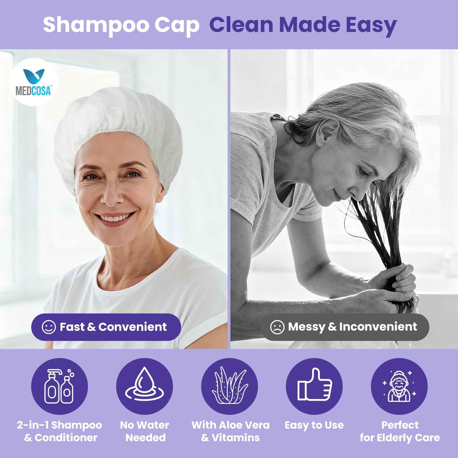 Medcosa Shampoo Caps No Rinse - Shampoo Caps for Bedridden Patients - Hassle-Free Hair Washing Cap for Elderly - Aloe, Vitamin E, Chamomile - 5-Pack