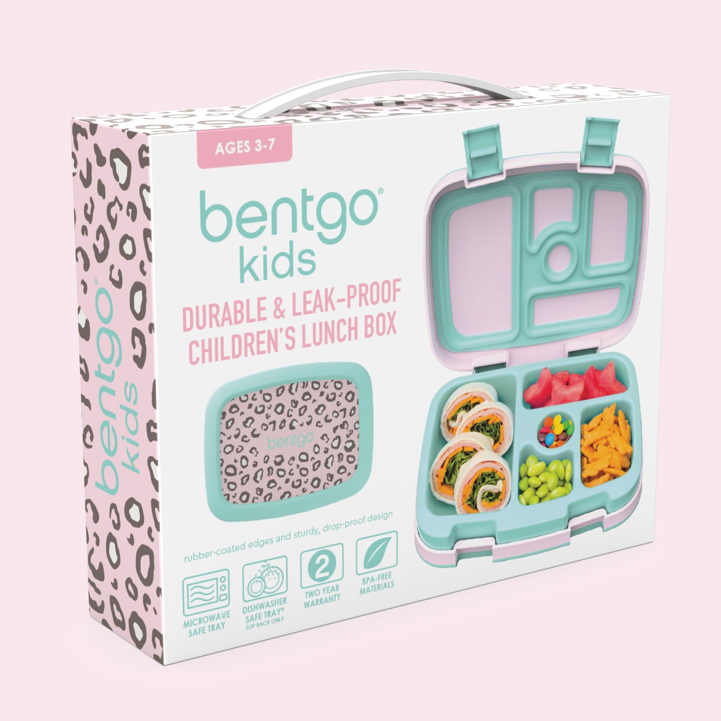 Bentgo Kids Prints Leak-Proof, 5-Compartment Bento-Style Kids Lunch Box - Ideal Portion Sizes for Ages 3-7, Durable, Drop-Proof, Dishwasher Safe, & Made with BPA-Free Materials (Leopard)