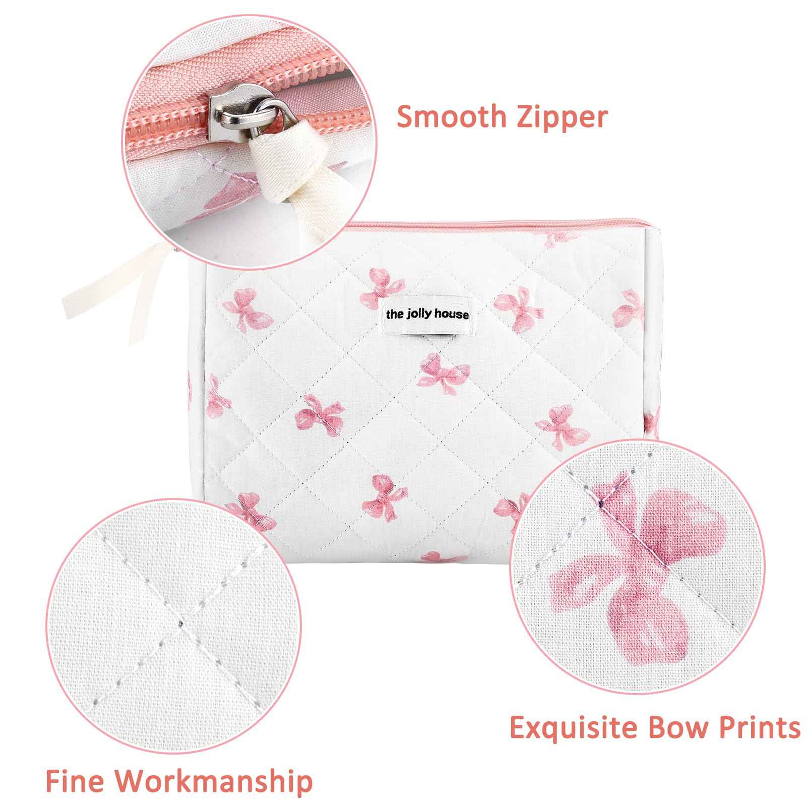 ZLFSRQ Cotton Quilted Makeup Bag for Women Cute Large White Bow Cosmetic Bag Coquette Preppy Zipper Puffy Makeup Pouch for Purse Portable Travel Toiletry Bags Cloth Storage Organizer Skincare Bags