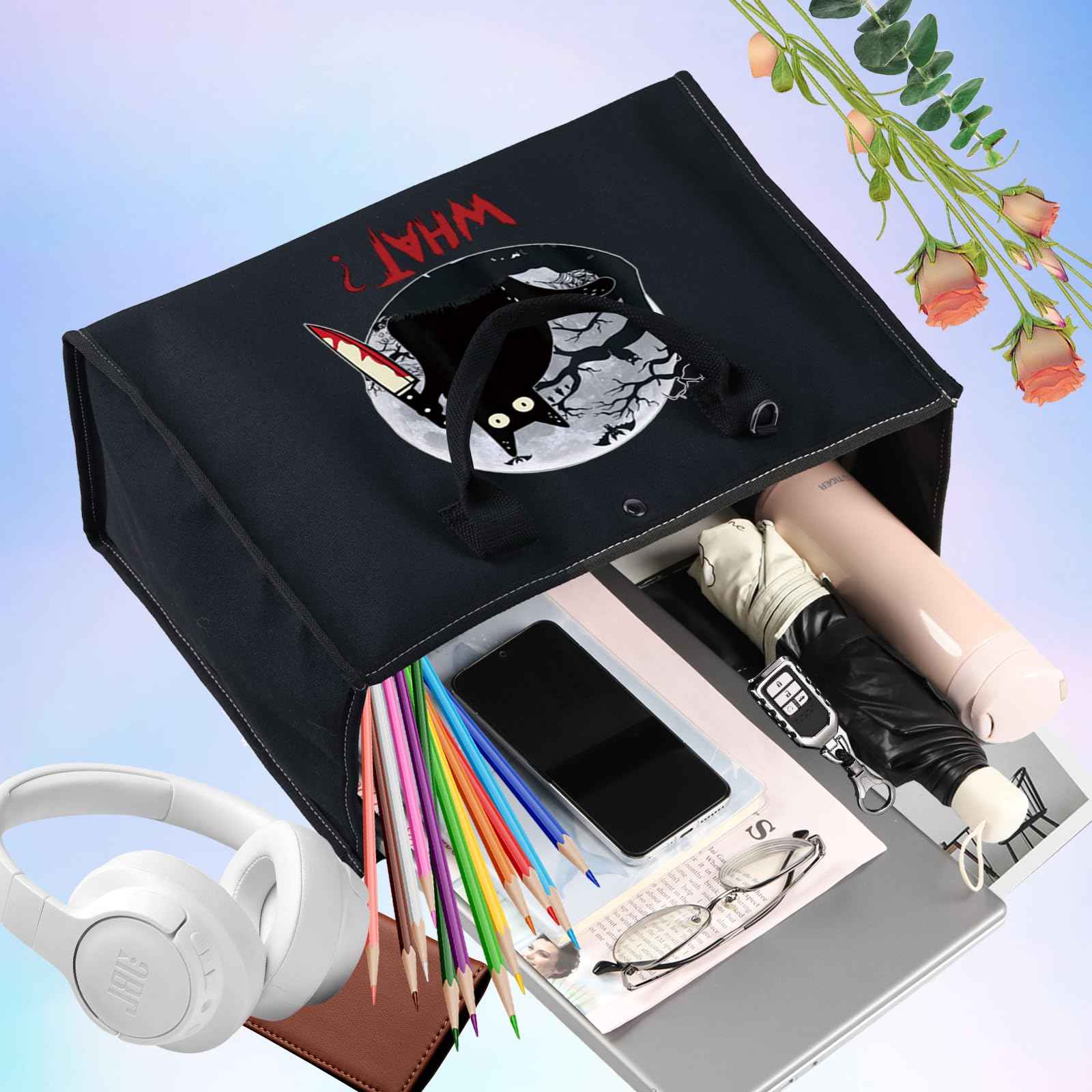 LEVLO Murderous Cat With Knife Cosmetic Make Up Bag Sneaky Cartoon Aminal Inspired Gifts Cat What Makeup Zipper Pouch Bag (C at What LT)