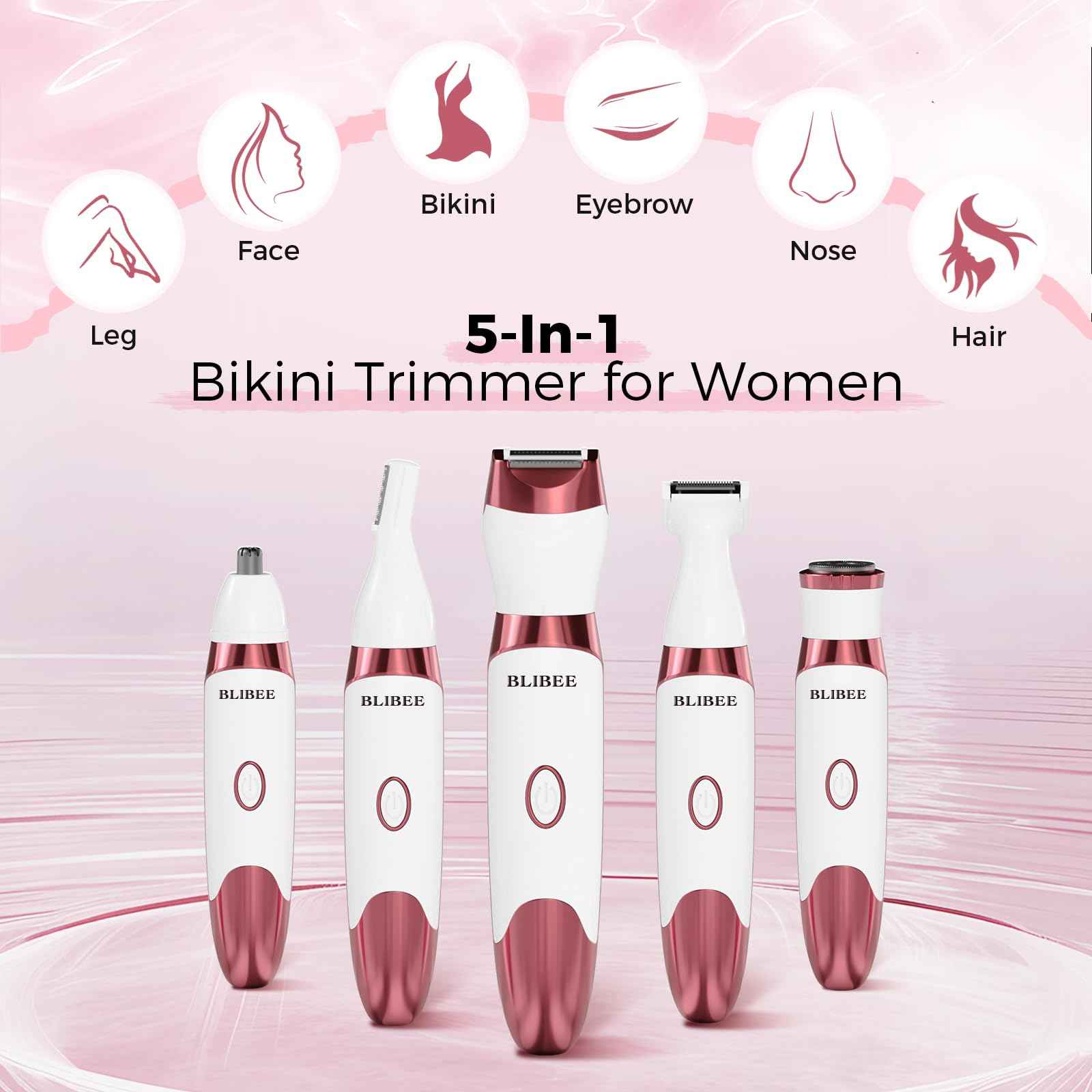 BLIBEE Bikini Trimmer for Women, LED Display Electric Razors for Women, 5-in-1 Electric Shaver, Rechargeable Painless Pubic Hair Trimmer for Legs, Underarms, Face & Sensitive Skin (Purple)