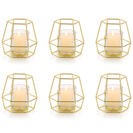 Nuptio Pillar Candle Holder Gold Candle Holders for Pillar Candles 6 Pcs Geometric Tealight Candle Holder Metal Candle Stand Table Centerpiece for Wedding Party Cafe Bar Home Decor