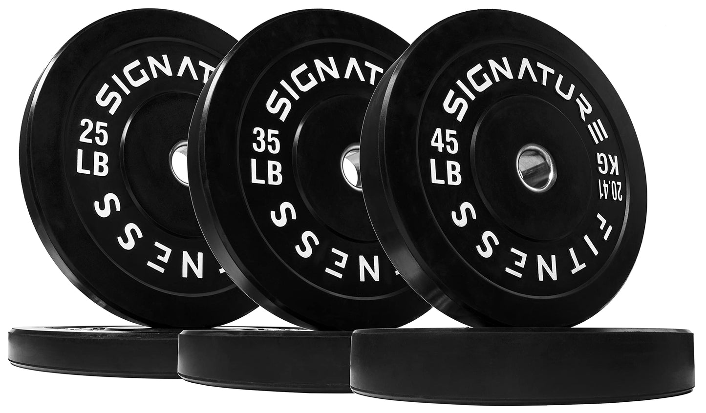 Signature Fitness 2" Olympic Bumper Plate Weight Plates with Steel Hub, 210LB Set (2X 25/35/45LB), Black, with 7FT Olympic Barbell (Chrome)