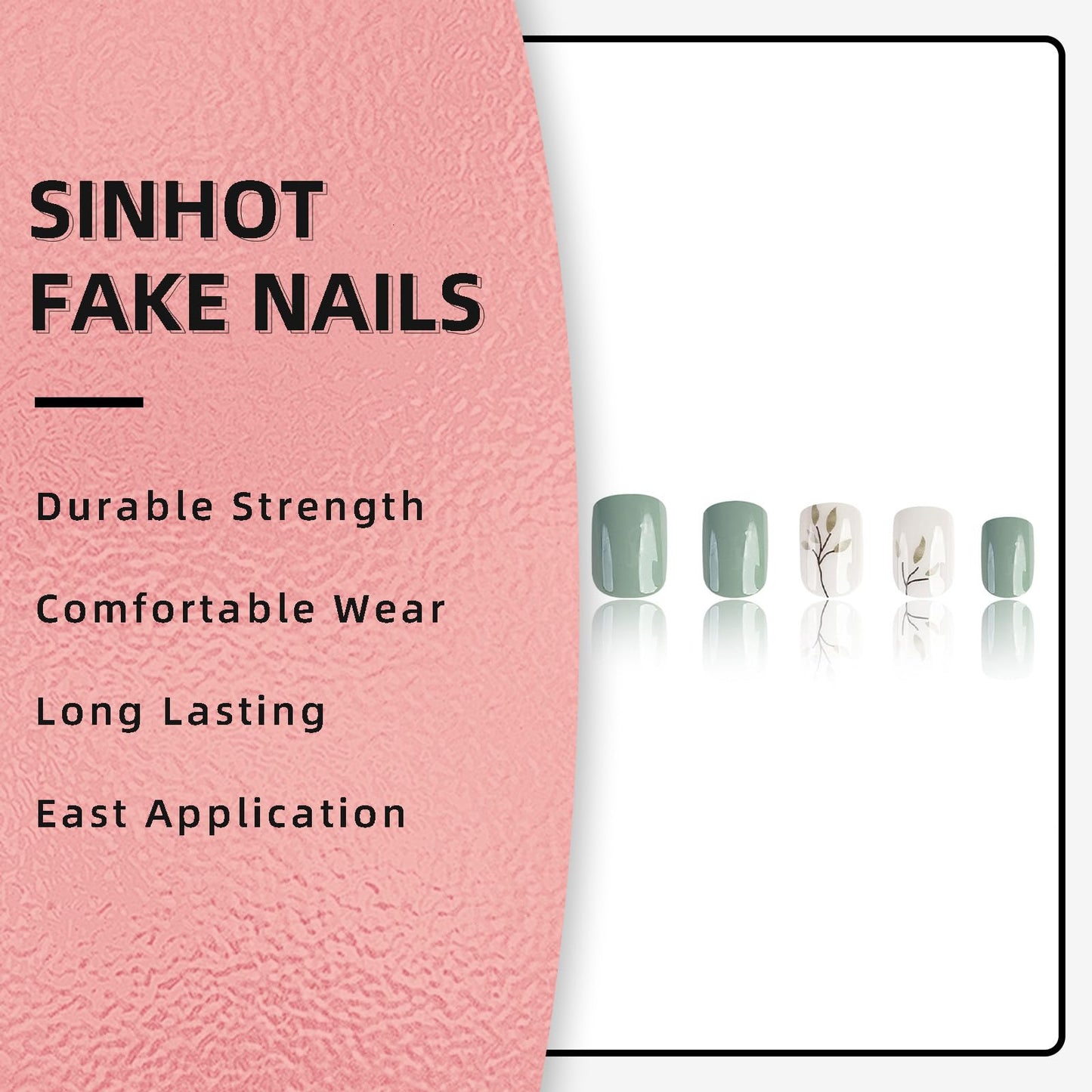 SINHOT Press on Nails Short Square Green Fake Nails with Glue Spring False Nails Leaves Flowers Squoval Acrylic Nails 24pcs