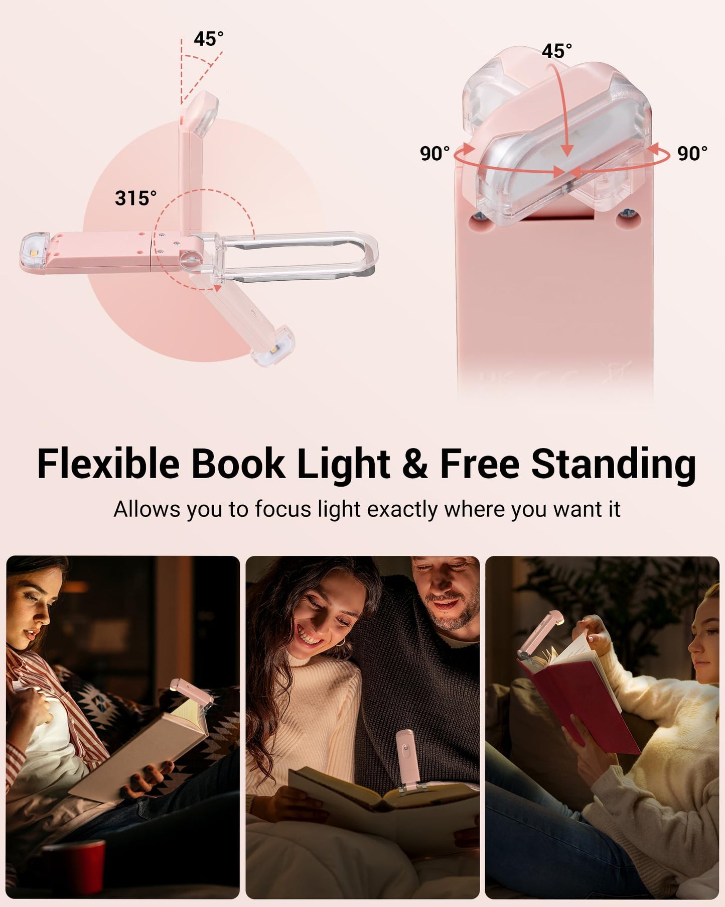 DEWENWILS USB Rechargeable Book Light, LED Clip on Reading Lights for Books in Bed at Night, Portable Bookmark Lamps, Warm White, Brightness Adjustable, Perfect for Bookworms, Kids (Light Pink)