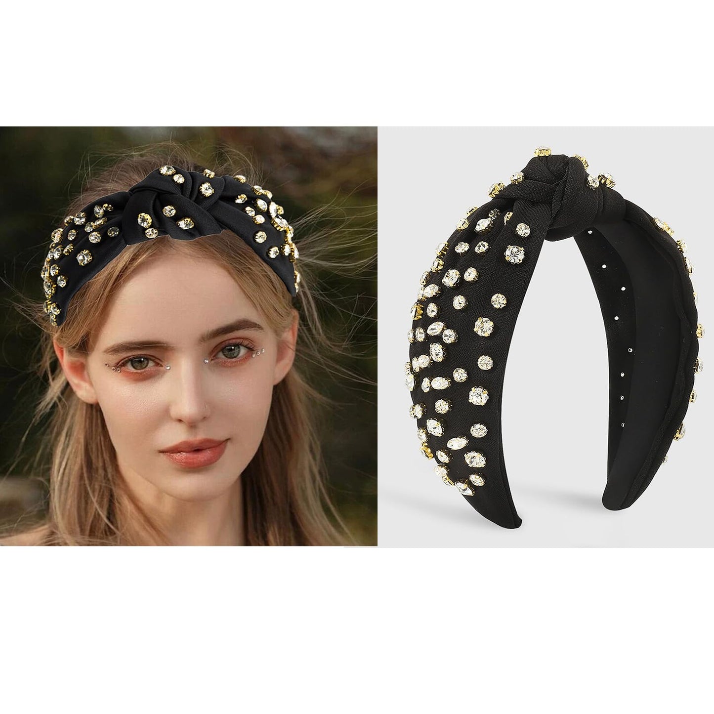 SZJULR Knotted Headband for Women Sparkle Wide Mixed Rhinestone Crystal Headbands Black Hairband Top Knot Headbands Luxury Fashion Wide Ladies Hair Accessories for Girls