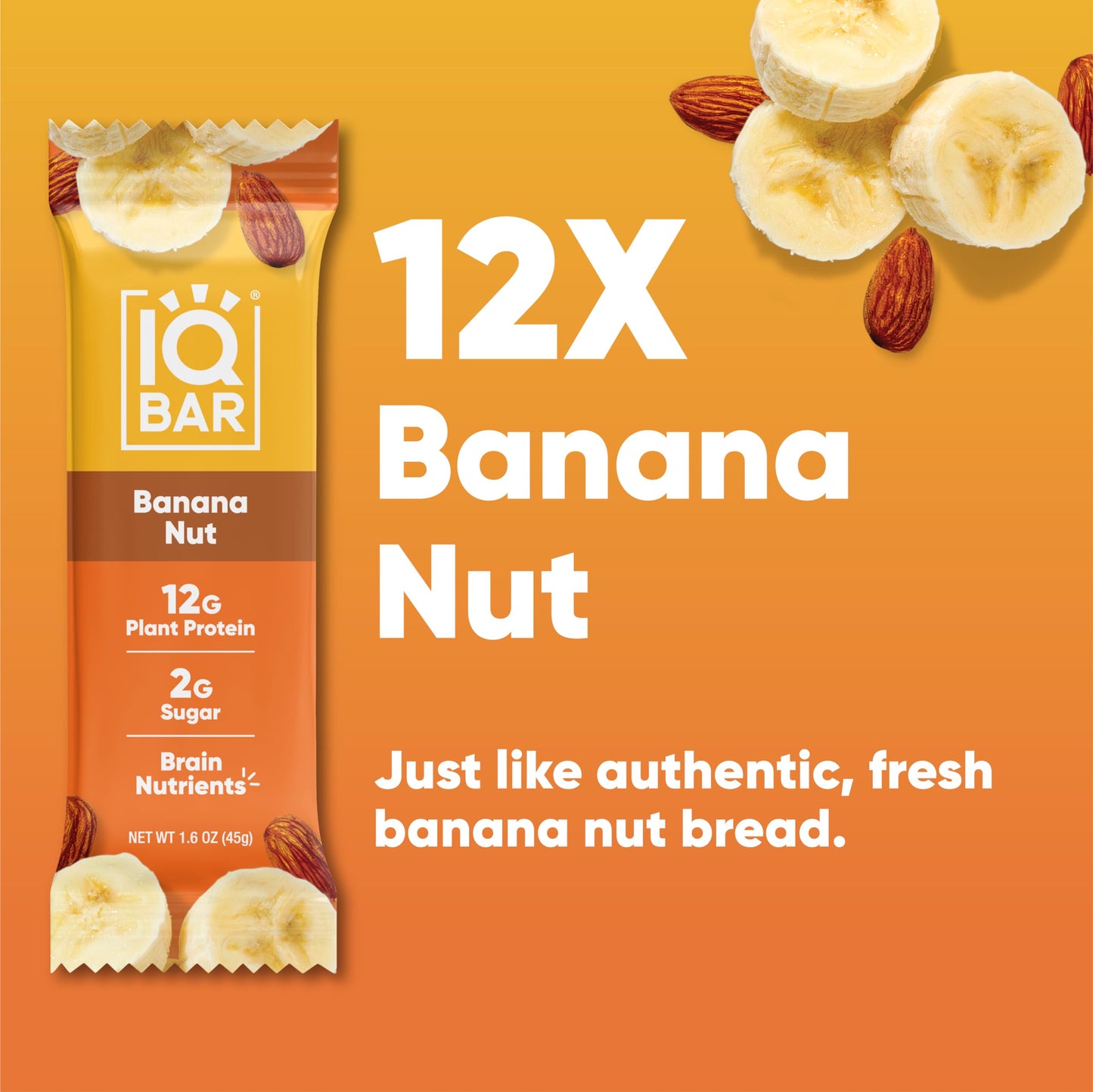 IQBAR Brain and Body Plant Protein Bars - Banana Nut - 12 Count, Low Carb, High Fiber, Gluten Free, Vegan Snacks - Low Sugar Keto Energy Bar Pack