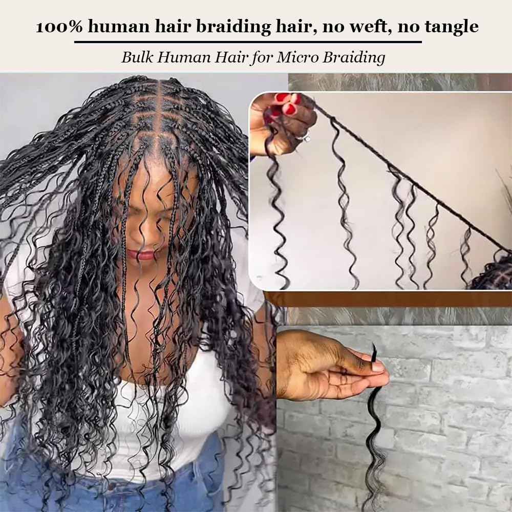 Human Braiding Hair Deep Wave Bulk Human Hair for Braiding 50g 24 inch No Weft Curly Braiding Hair Bulk Human Braiding Hair for Boho Braids Hair Extensions Real Human Hair Natural Color