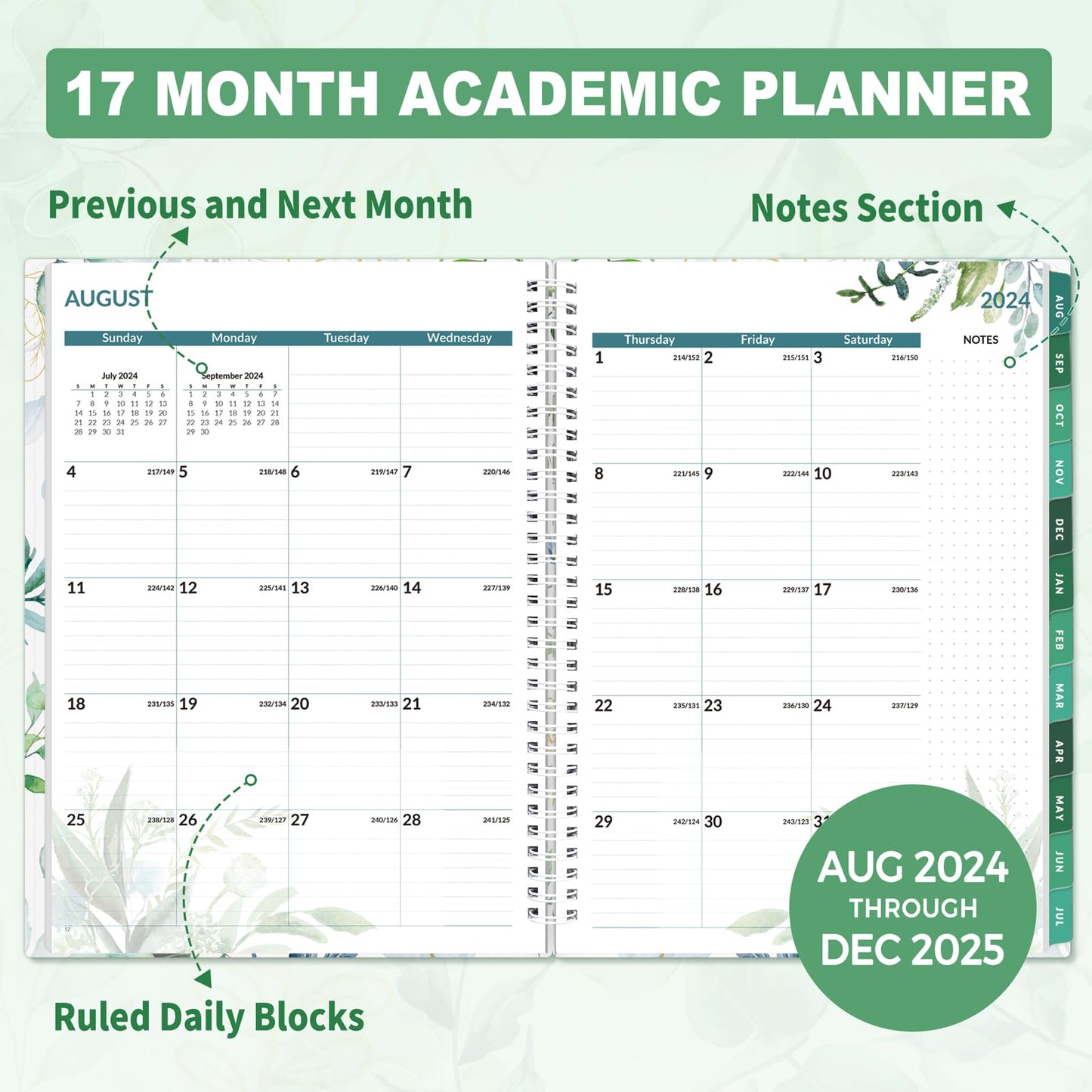 SUNEE Academic Planner 2024-2025 Weekly and Monthly - from August 2024 - December 2025, 8.5"x11" School Year Daily Calendar with Monthly Tab, Flexible Cover, Note Page, Pocket, Bookmark, Greenery