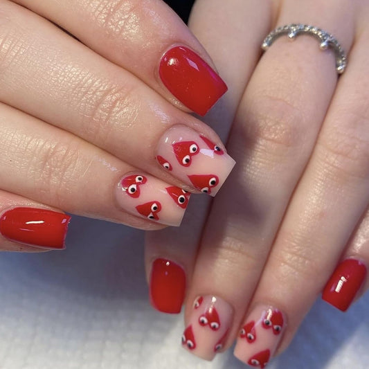 24pcs Valentine's Day Press on Nails Square Fake Nails with Cute Red Hearts Designs Stick on Nails Acrylic Nails Full Cover Glossy False Nails Glue on Nails for Women Girls Holiday Nail Decorations