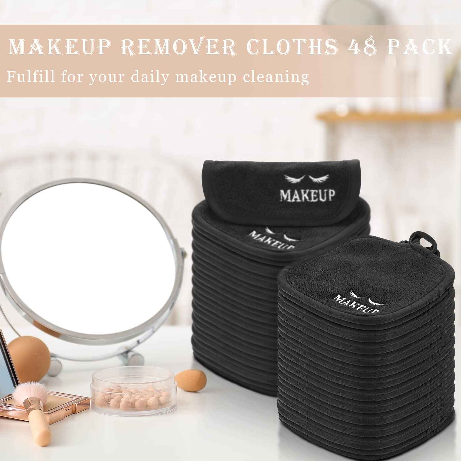 Queekay 48 Pcs Makeup Remover Cloths Reusable Washable Remover Pads Soft Microfiber Washcloths Facial Cloths Makeup Towels Holiday Gift for Women, 5 x 5 Inch(Black)