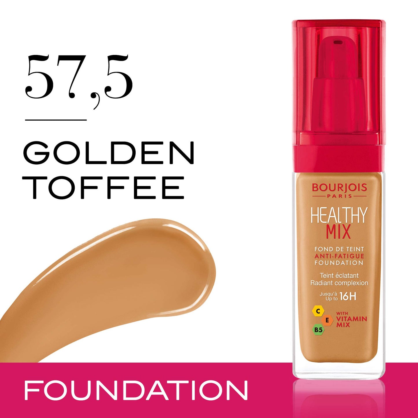 Bourjois Healthy Mix Anti-Fatigue Medium Coverage Liquid Foundation 57.5 Golden Toffee, 30ml