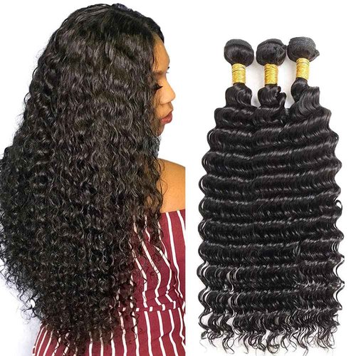 1B Deep Wave Human Hair Bundles Brazilian Virgin 3 Bundles 14 16 18 Inch Black Deep Curly Bundle Human Hair Extensions 50 Gram Per Bundle