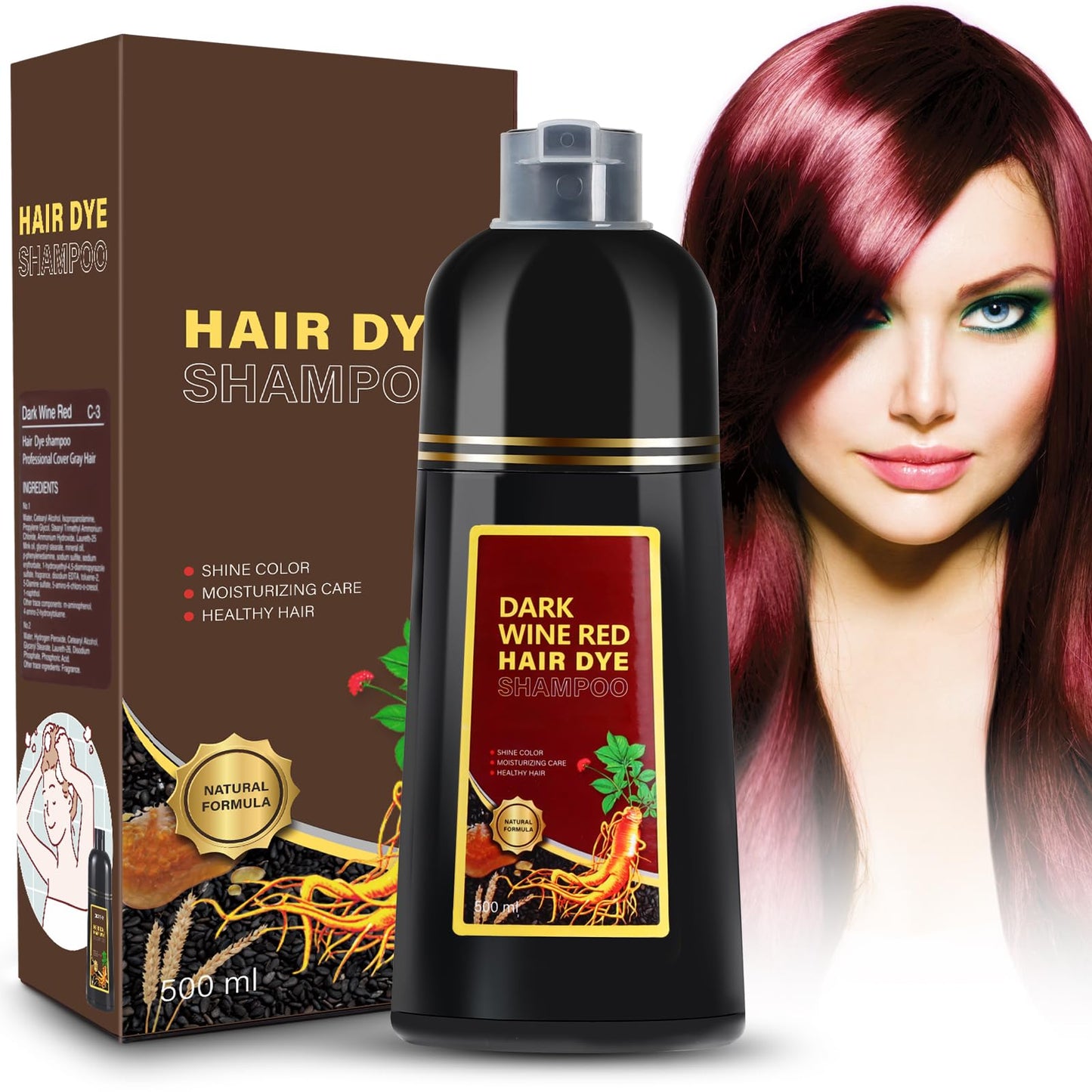 Dark Wine Red Herbal Hair Dye Shampoo 3 in 1, 500ml for Gray Hair Grey Coverage Shampoo for Women Men