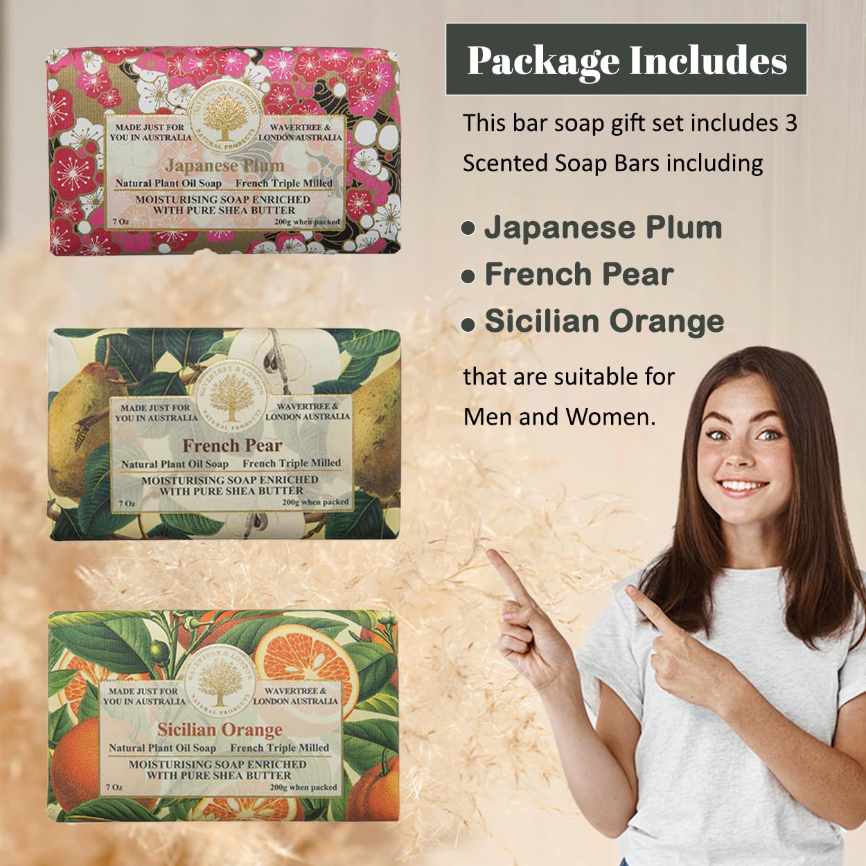 Wavertree & London Trio Gift Box (3 Bars) - 7oz Japanes Plum, French Pear and Sicilian Orange Scented Moisturizing French Triple Milled Natural Soap Bars - Pure Plant Oil Soap Bars for All Skin Types