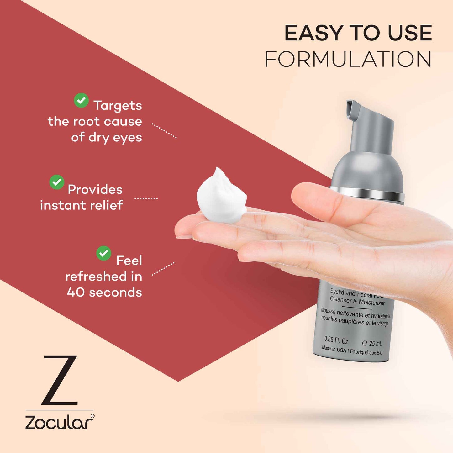 Zocular ZocuFoam Eyelid Cleanser - Foaming Eyelid Scrub - Natural pH Balanced Solution - 25mL